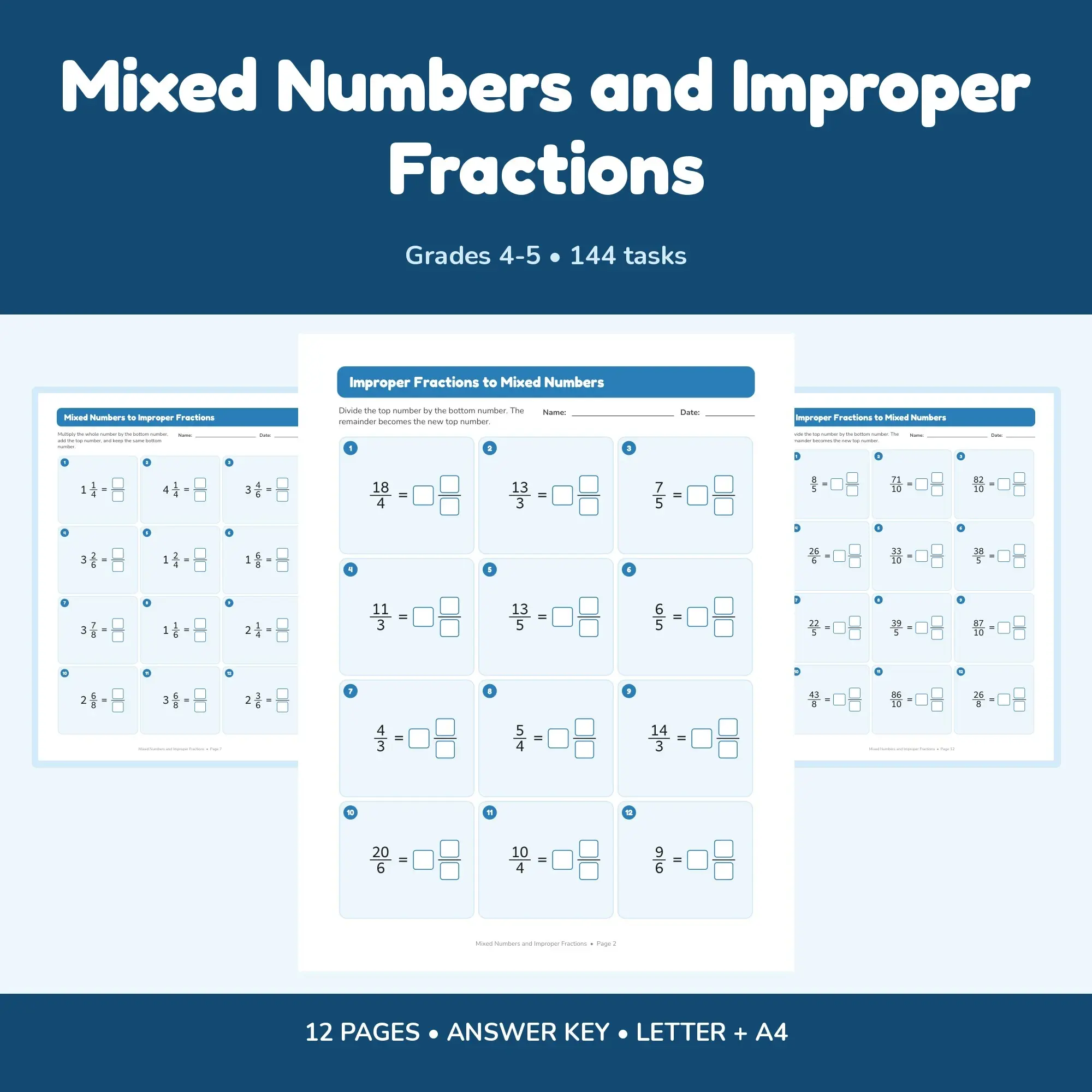 Mixed Numbers and Improper Fractions - 12 Worksheets + Key preview