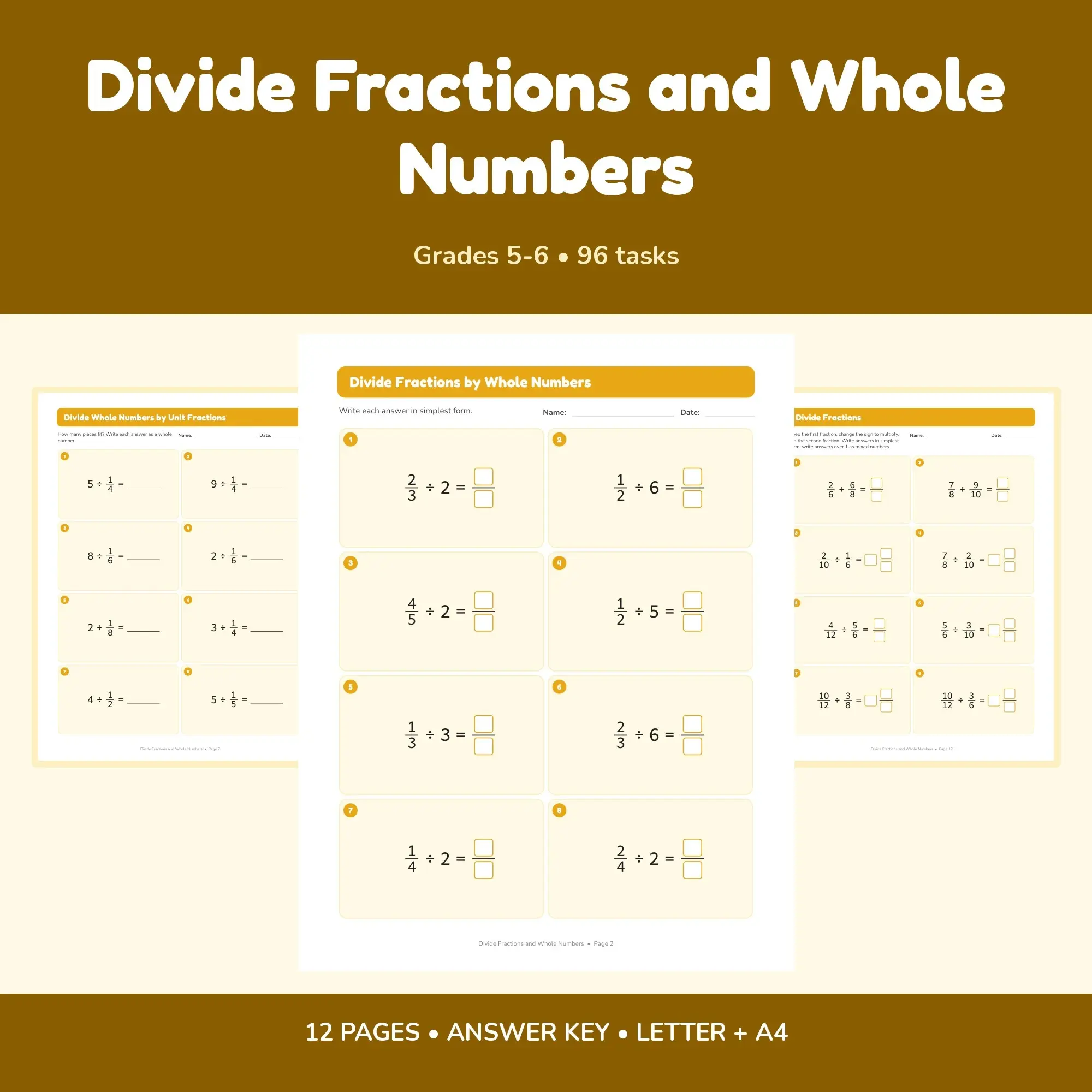 Divide Fractions and Whole Numbers - 12 Worksheets + Key preview