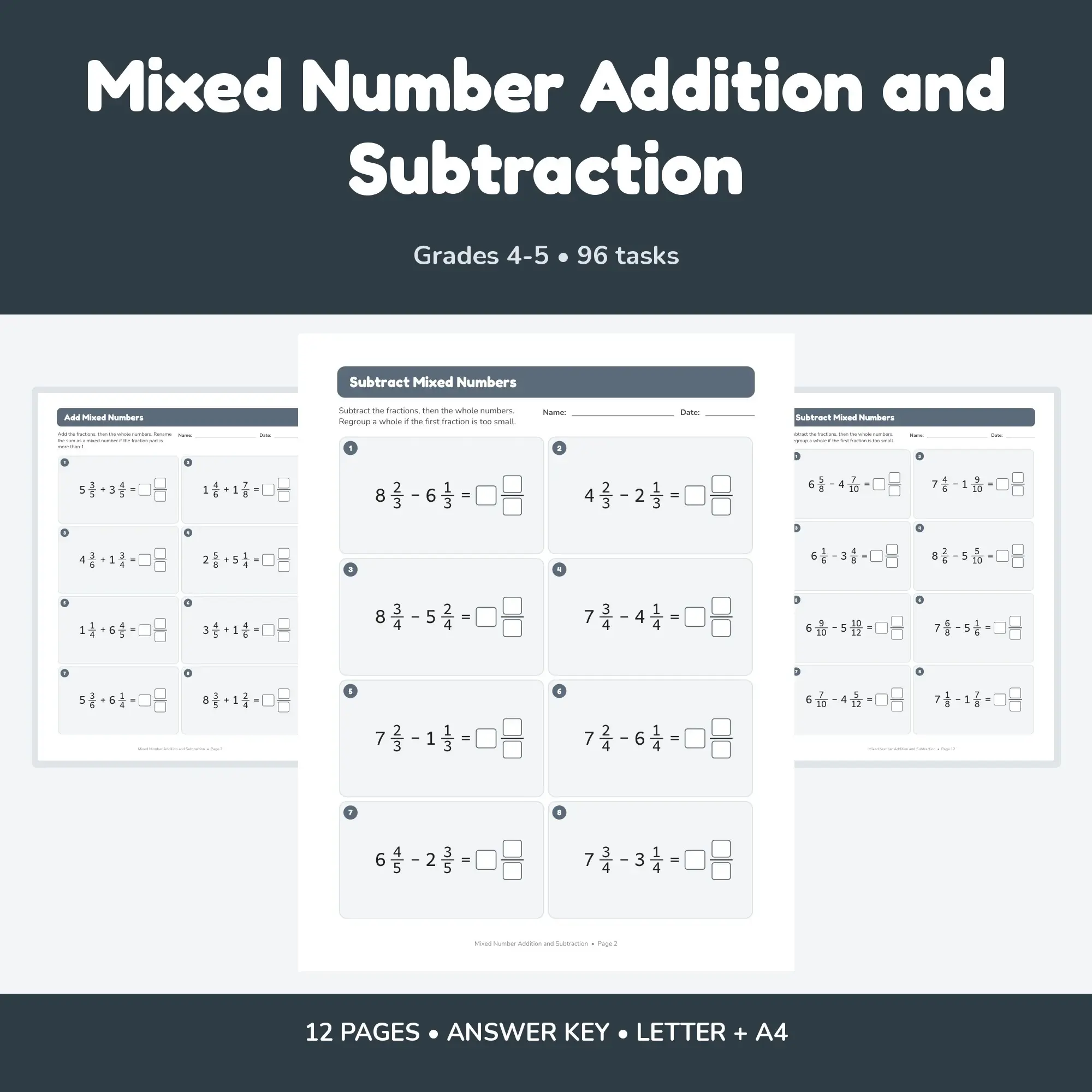 Mixed Number Addition and Subtraction - 12 Worksheets + Key preview