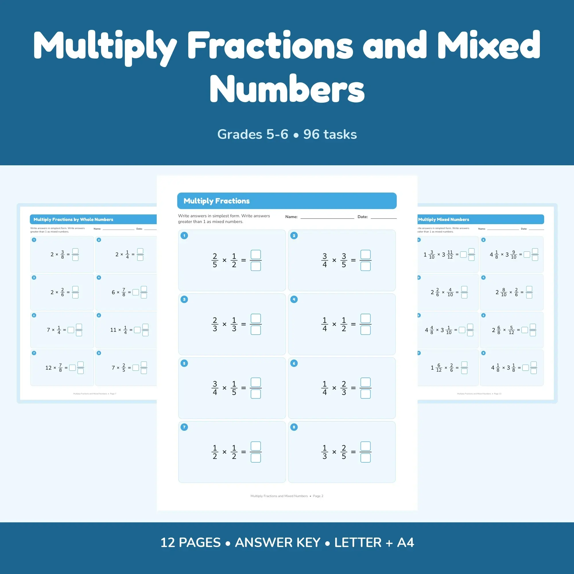 Multiply Fractions and Mixed Numbers - 12 Worksheets + Key preview