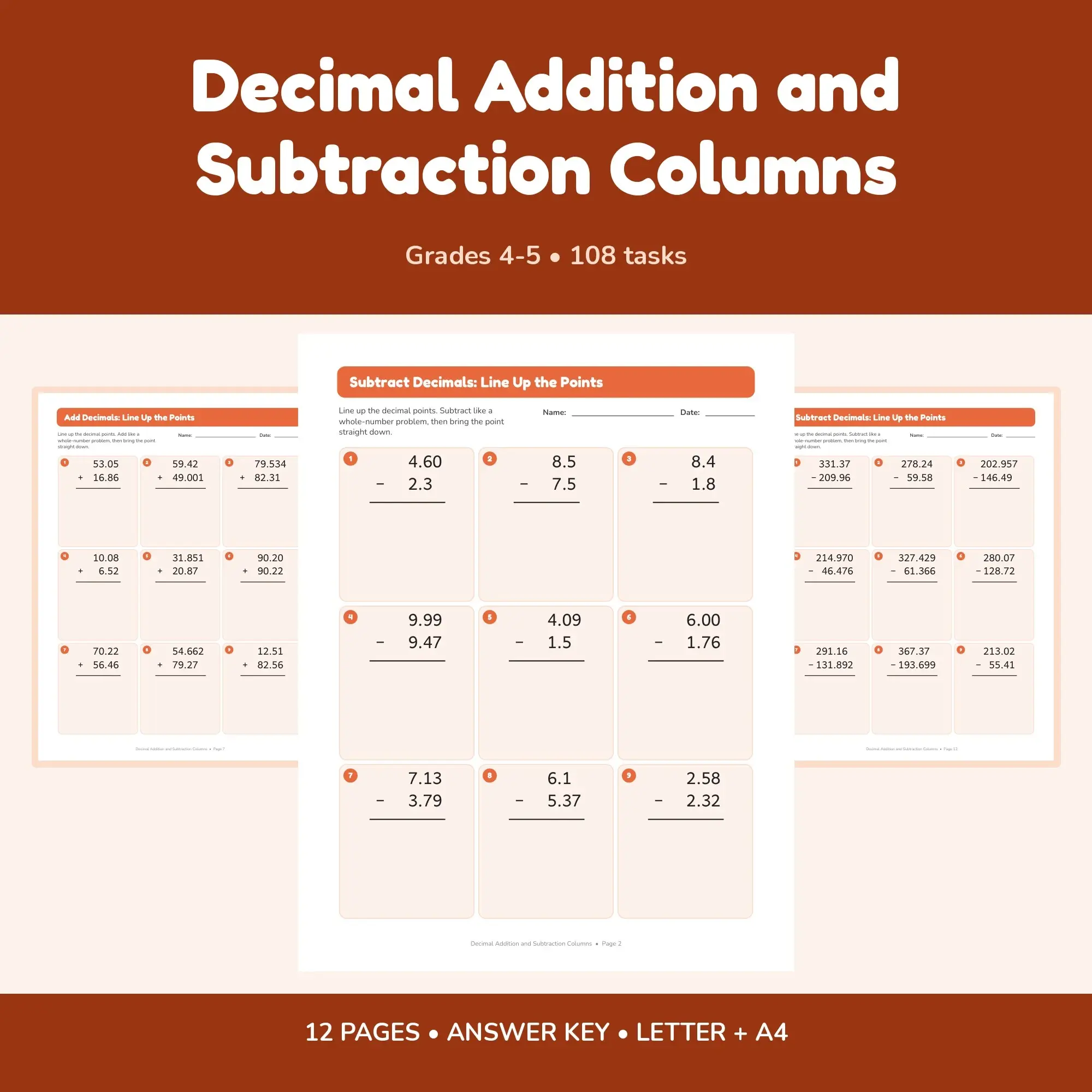 Decimal Addition and Subtraction Columns - 12 Worksheets + Key preview