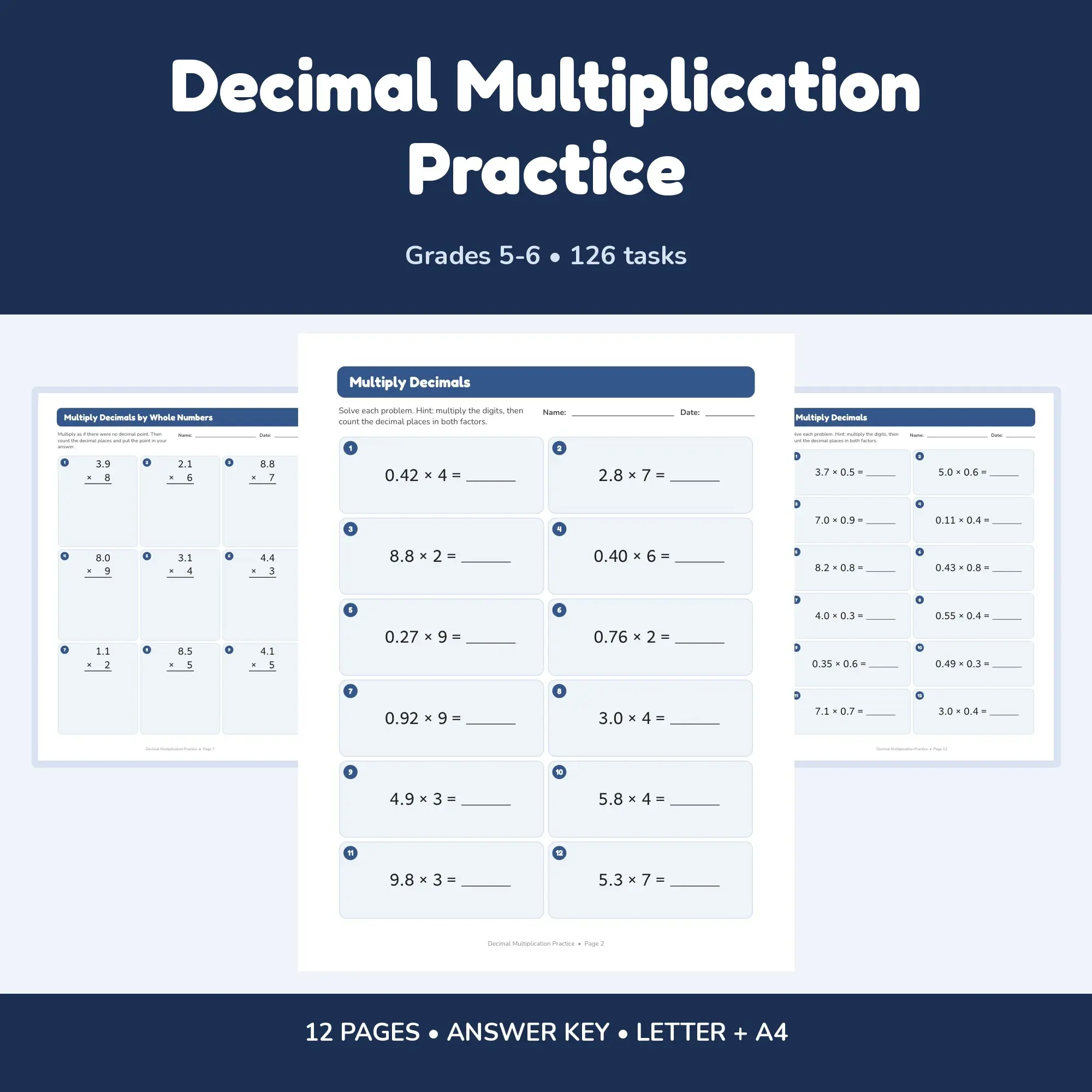 Decimal Multiplication Practice - 12 Worksheets + Key preview