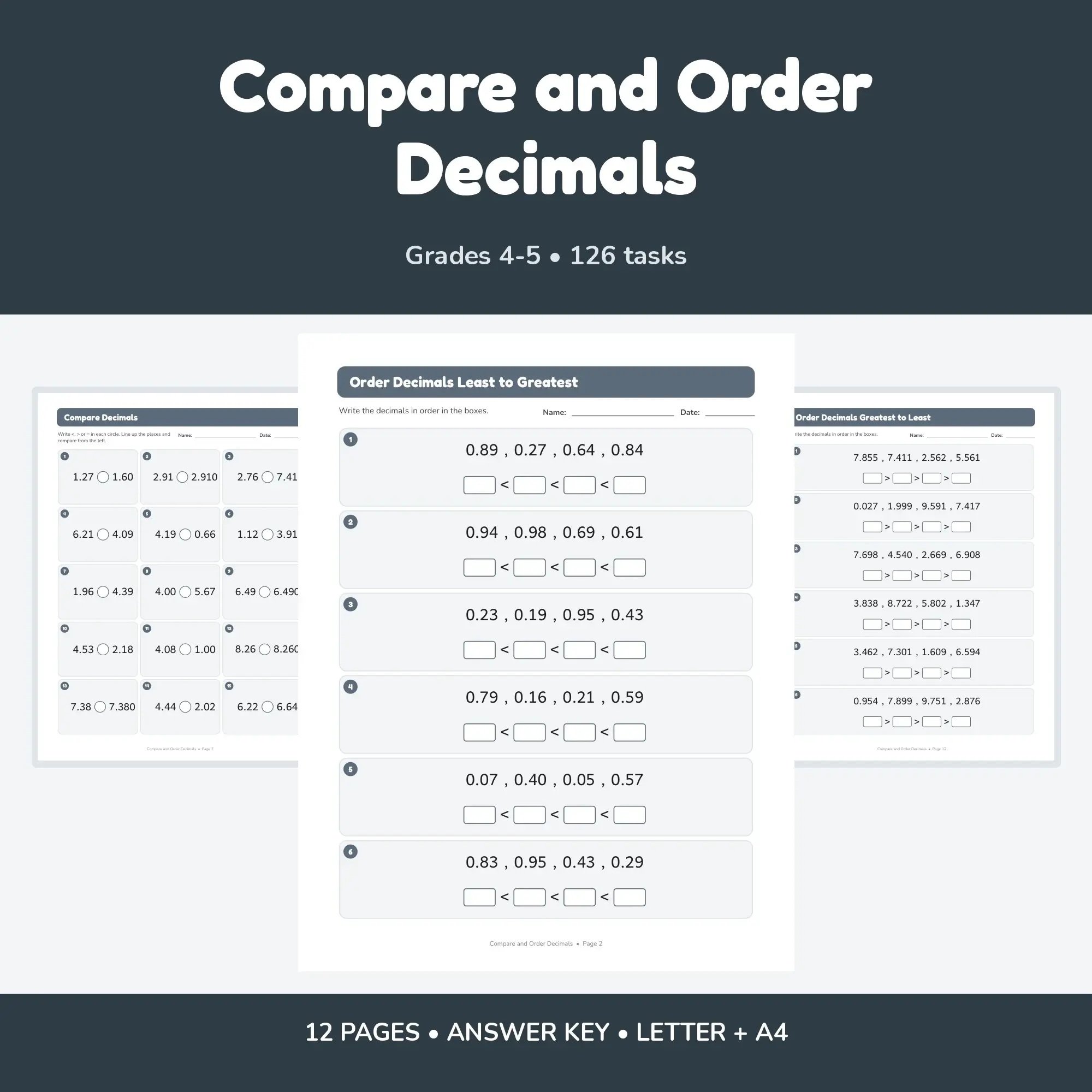Compare and Order Decimals - 12 Worksheets + Key preview