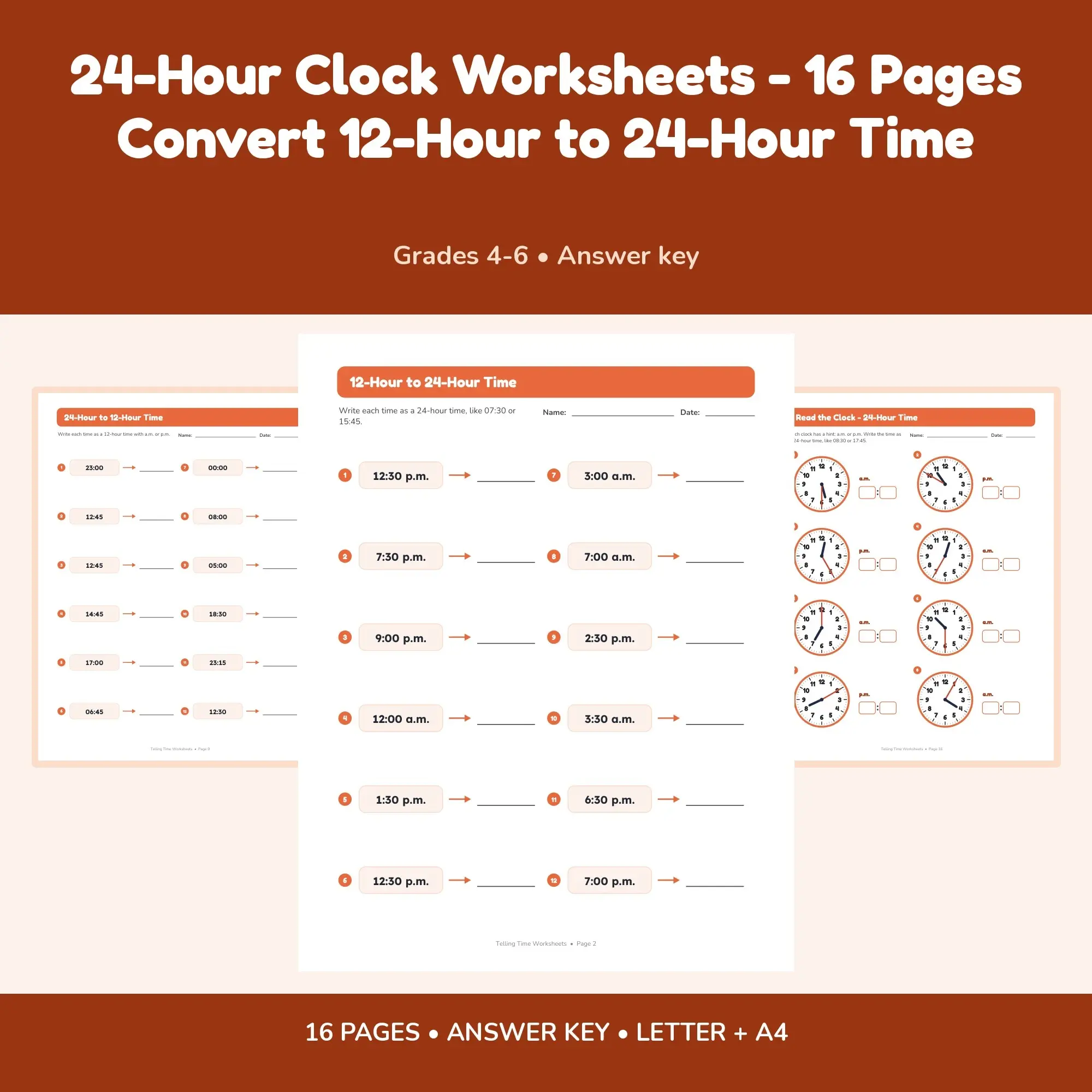 24-Hour Clock Worksheets - 16 Pages Convert 12-Hour to 24-Hour Time preview