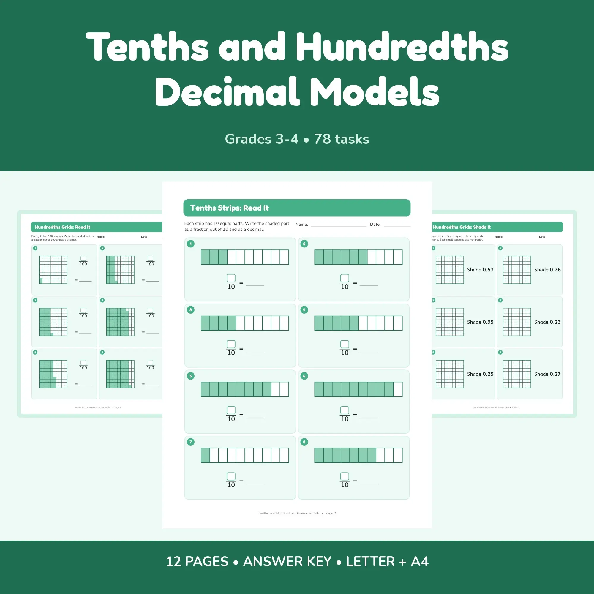 Tenths and Hundredths Decimal Models - 12 Worksheets + Key preview