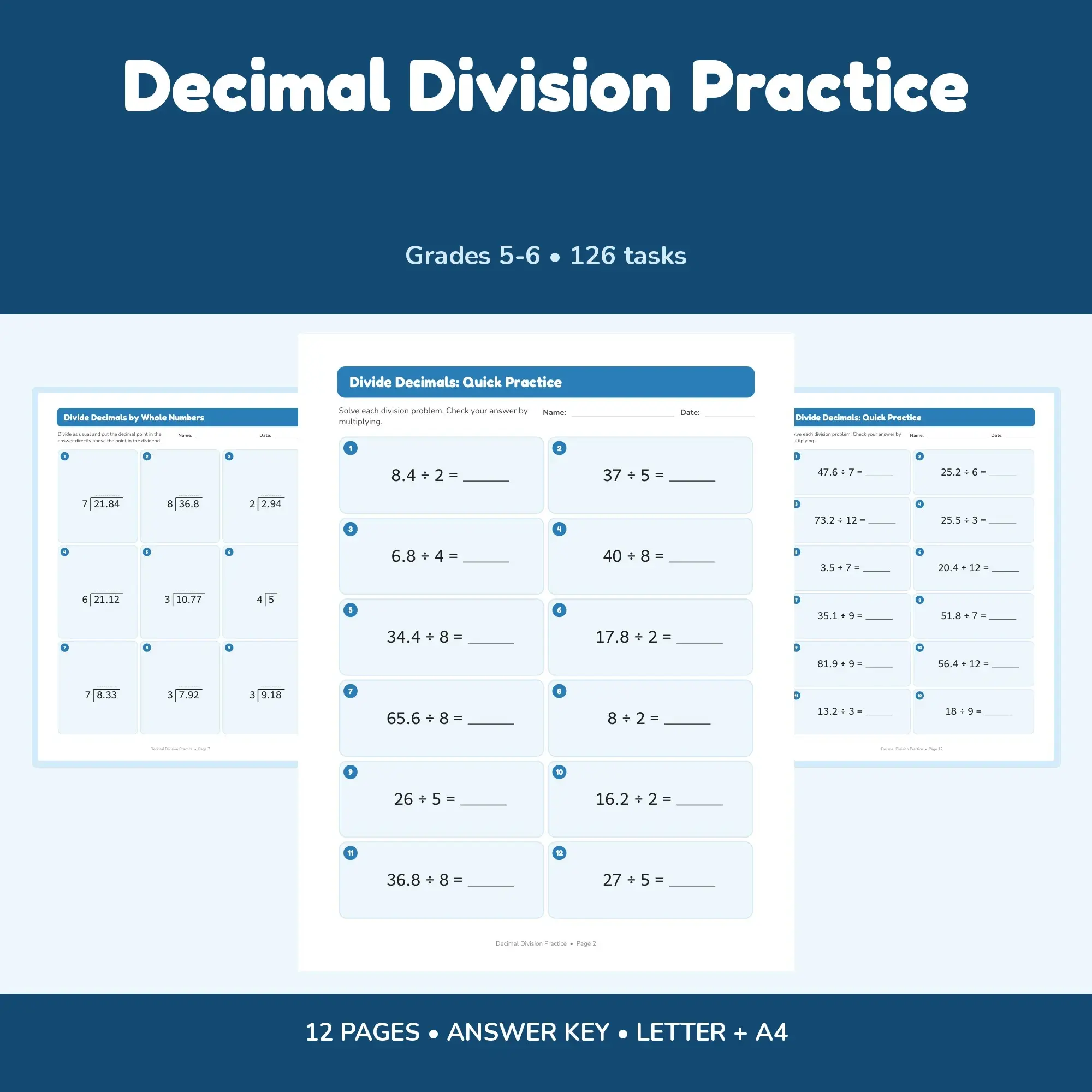 Decimal Division Practice - 12 Worksheets + Key preview