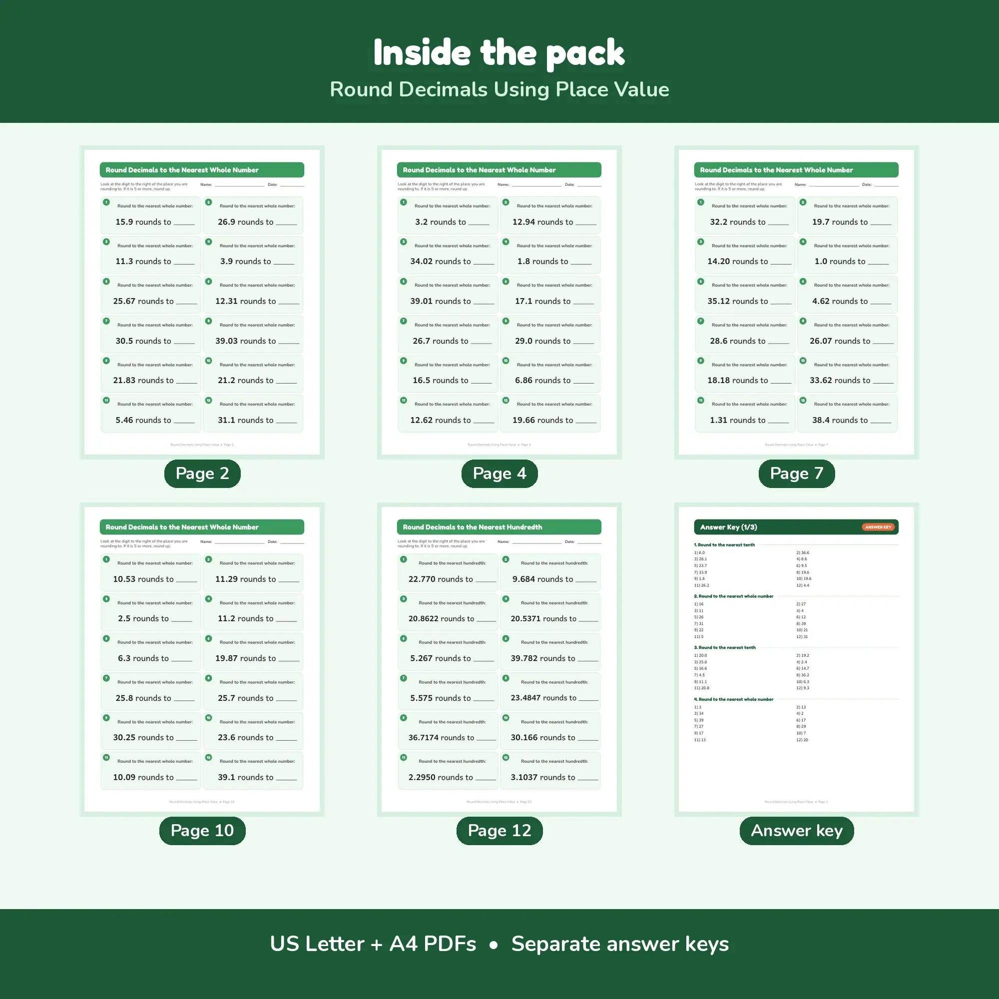 Round Decimals Using Place Value - 12 Worksheets + Key, preview 2 of 2