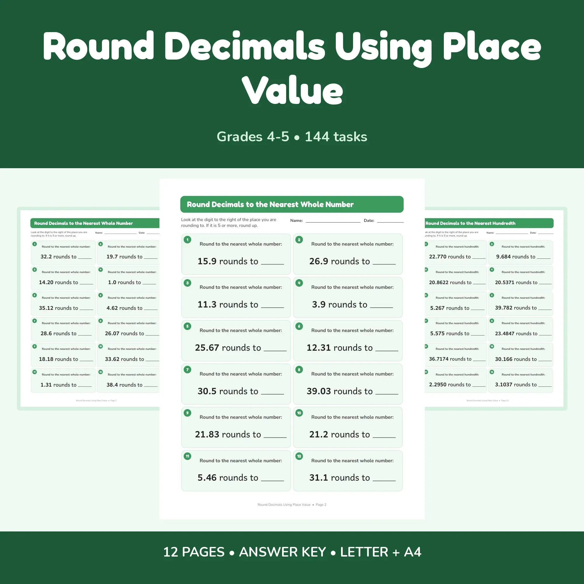 Round Decimals Using Place Value - 12 Worksheets + Key, preview 1 of 2
