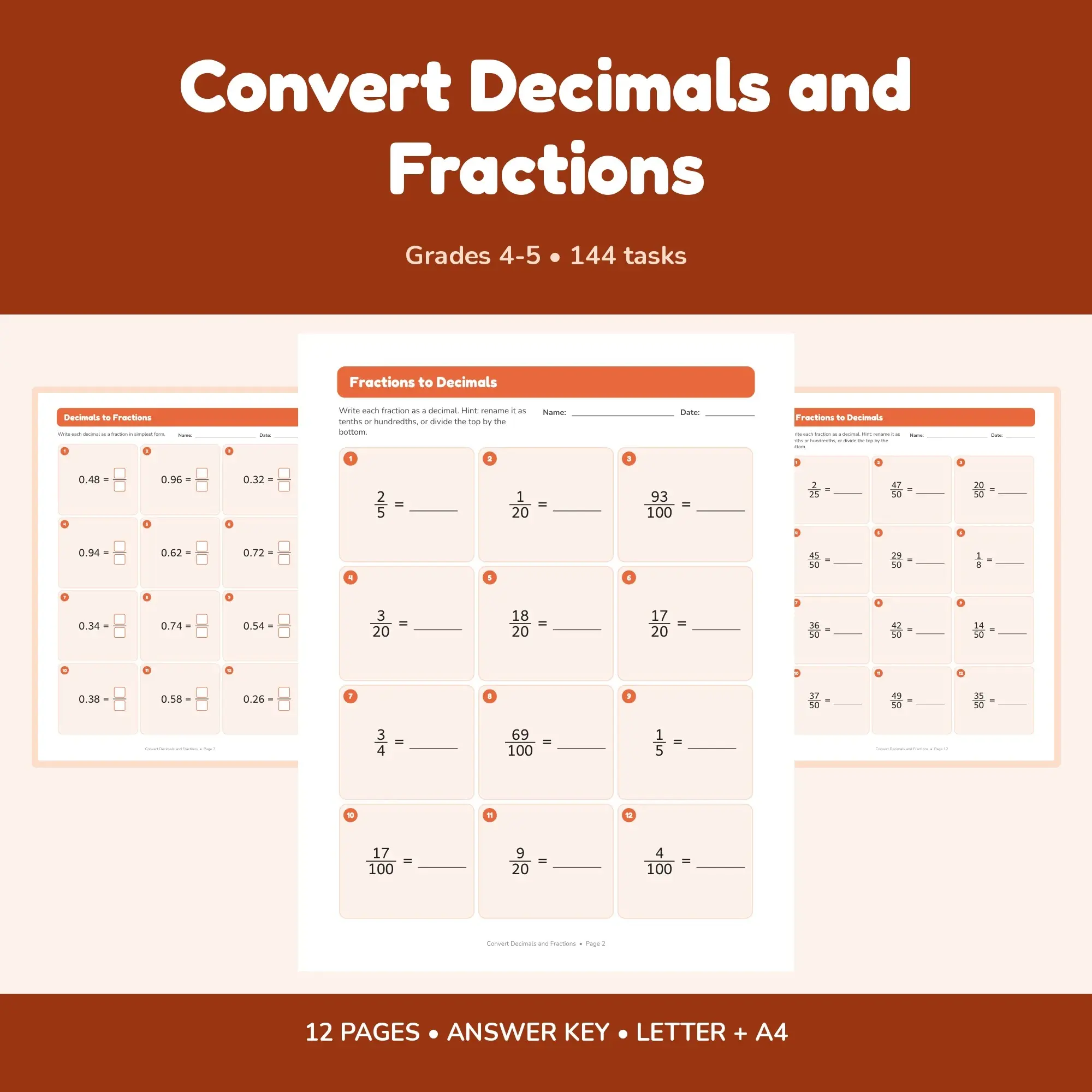 Convert Decimals and Fractions - 12 Worksheets + Key preview