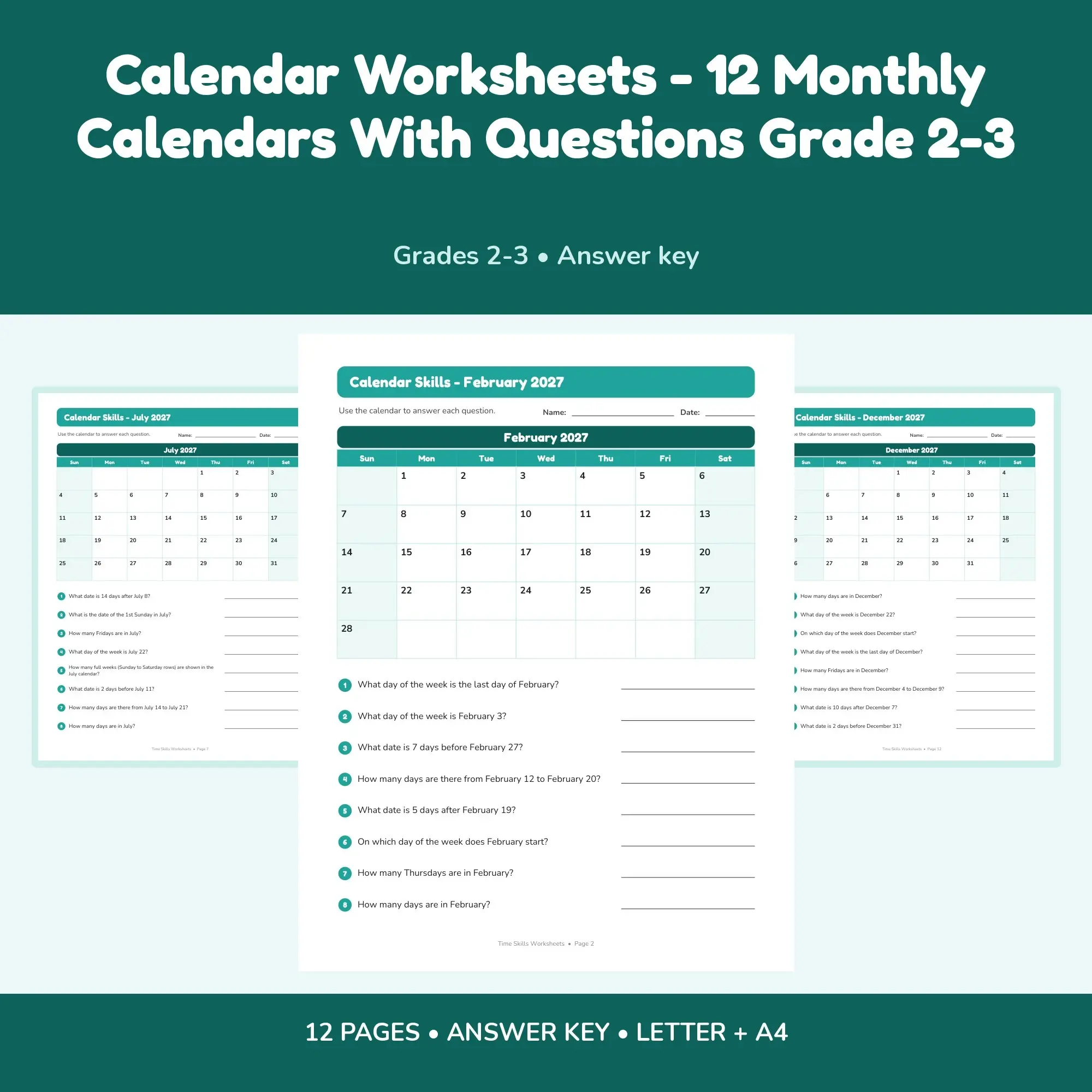 Calendar Worksheets - 12 Monthly Calendars With Questions Grade 2-3 preview