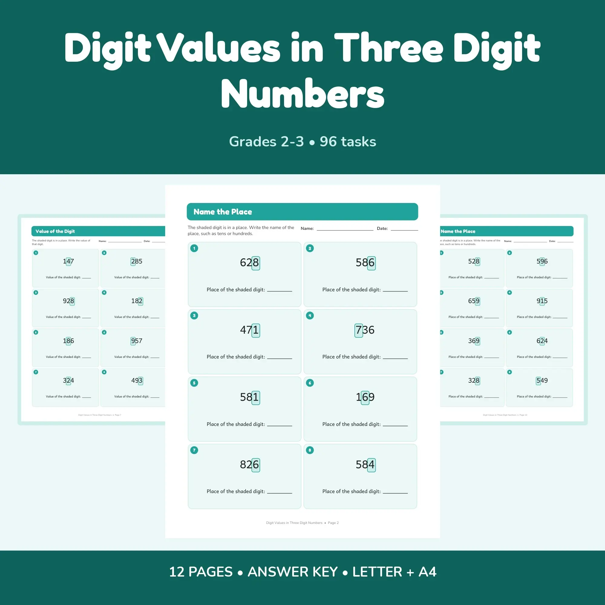 Digit Values in Three Digit Numbers - 12 Worksheets + Key preview
