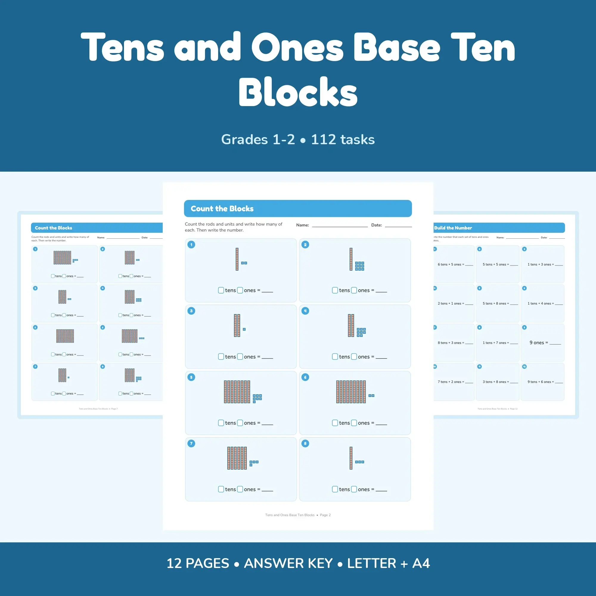 Tens and Ones Base Ten Blocks - 12 Worksheets + Key preview