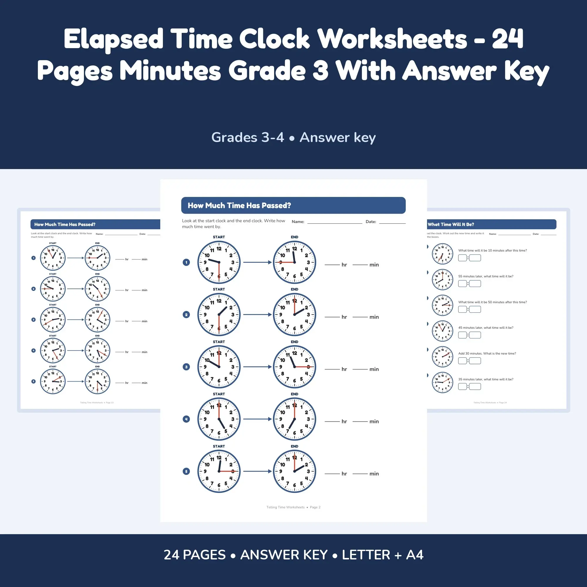 Elapsed Time Clock Worksheets - 24 Pages Minutes Grade 3 With Answer Key preview