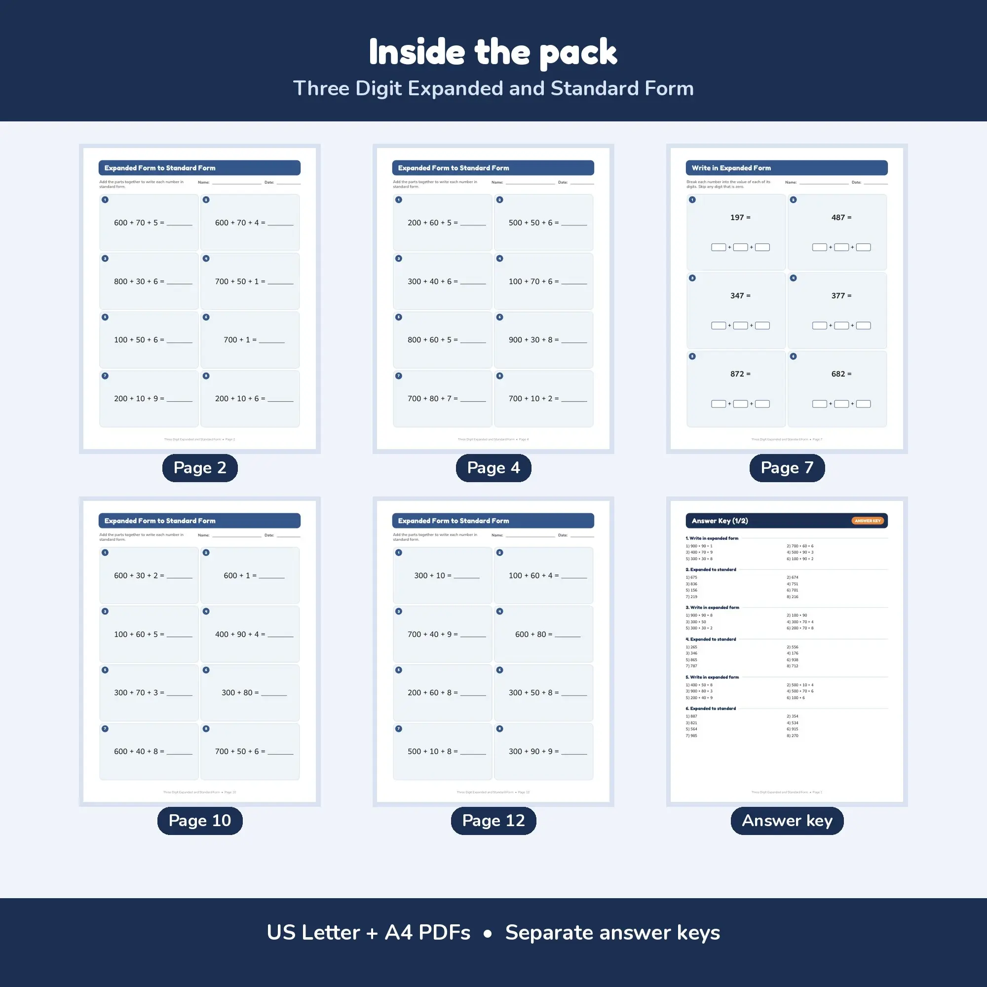 Three Digit Expanded and Standard Form - 12 Worksheets + Key, preview 2 of 2