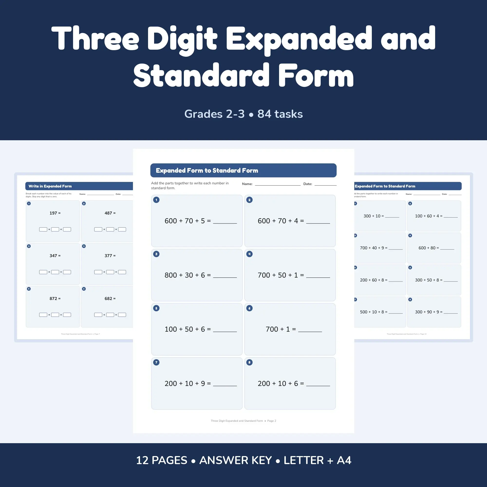 Three Digit Expanded and Standard Form - 12 Worksheets + Key preview