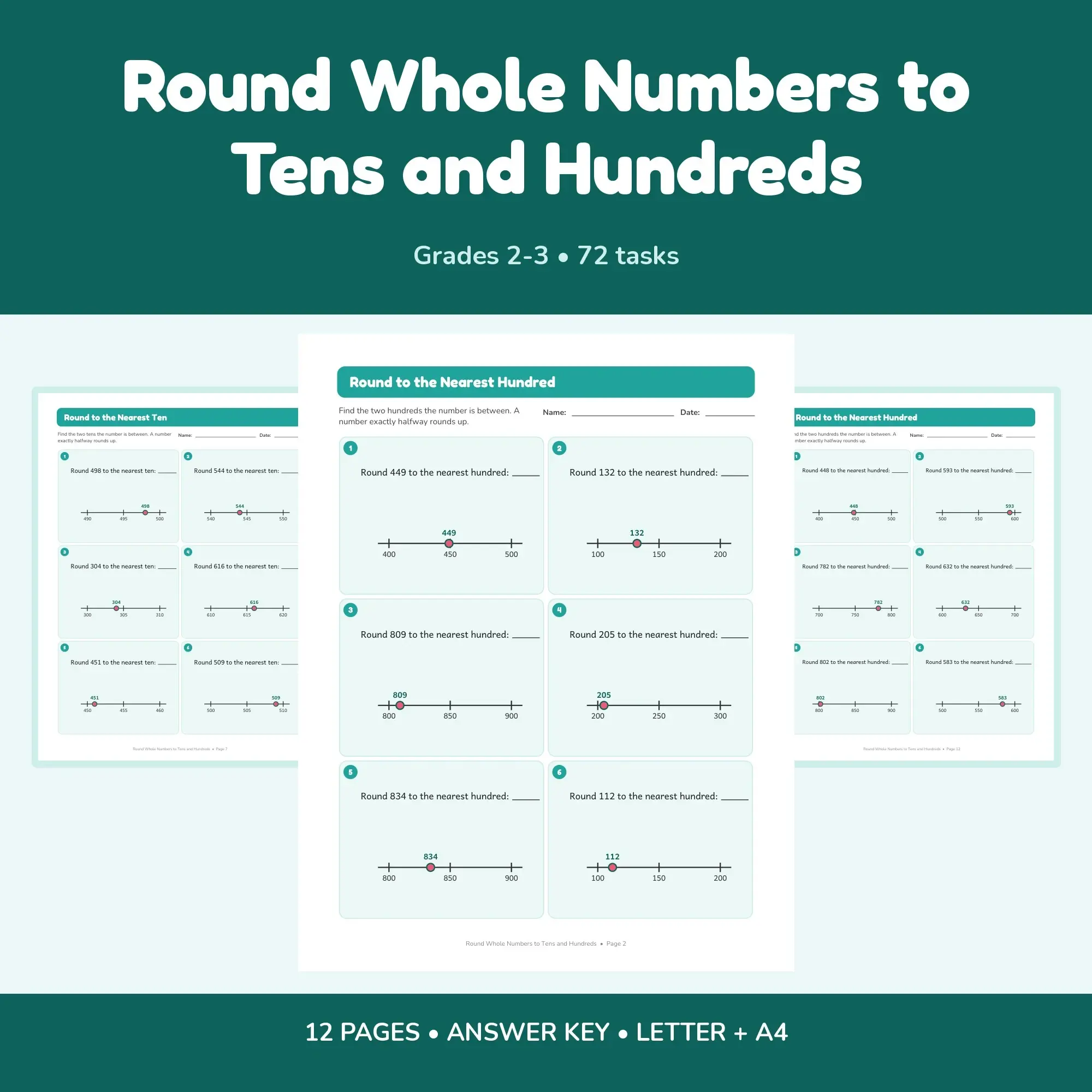 Round Whole Numbers to Tens and Hundreds - 12 Worksheets + Key preview