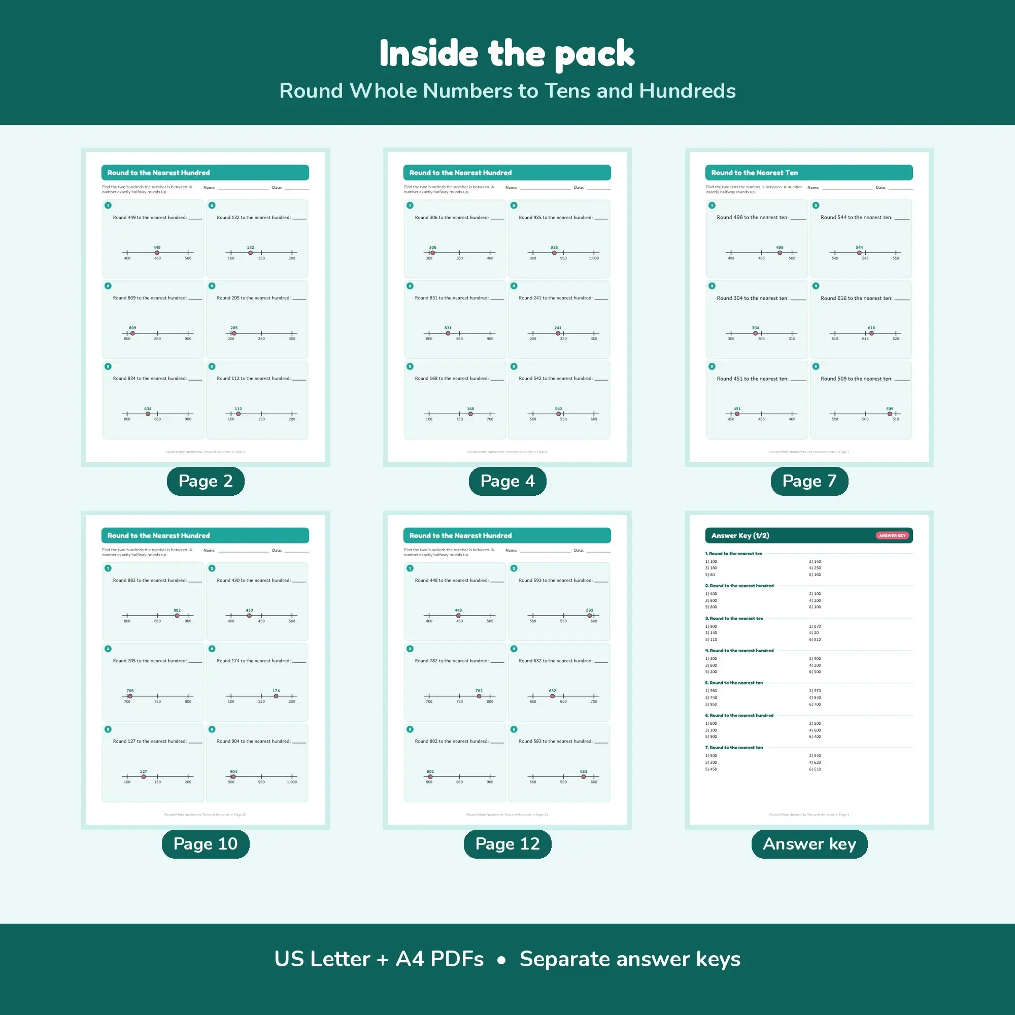 Round Whole Numbers to Tens and Hundreds - 12 Worksheets + Key, preview 2 of 2