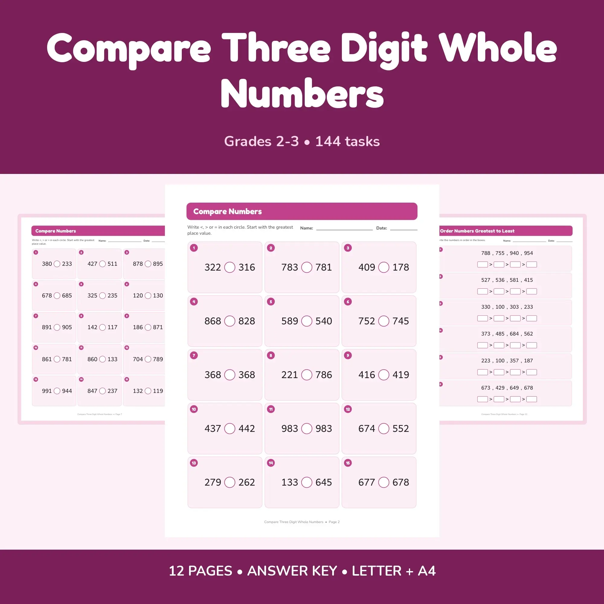 Compare Three Digit Whole Numbers - 12 Worksheets + Key preview