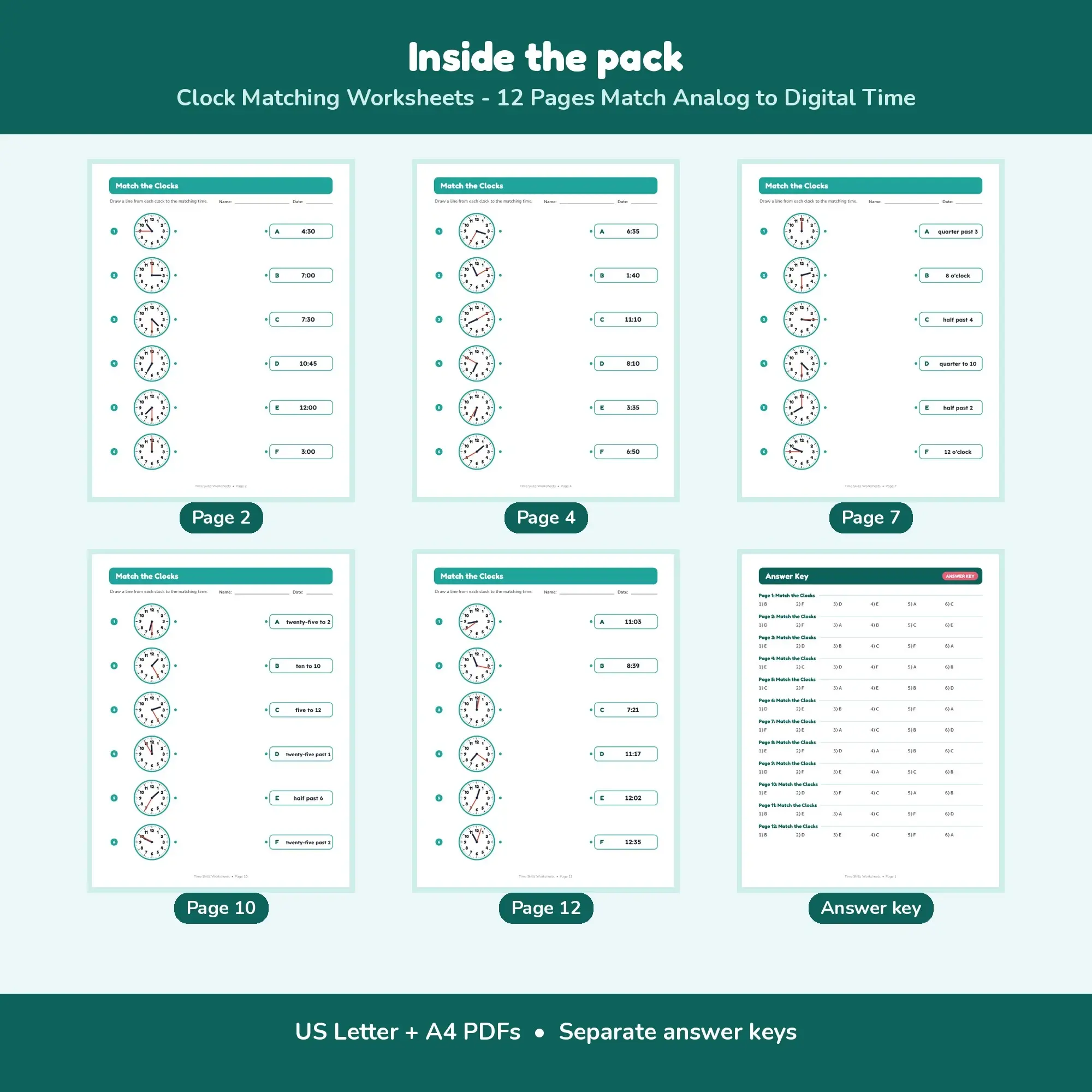 Clock Matching Worksheets - 12 Pages Match Analog to Digital Time, preview 2 of 2