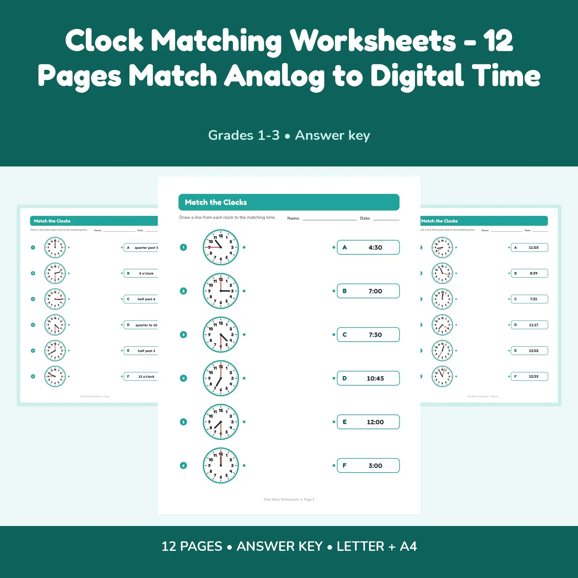Clock Matching Worksheets - 12 Pages Match Analog to Digital Time, preview 1 of 2