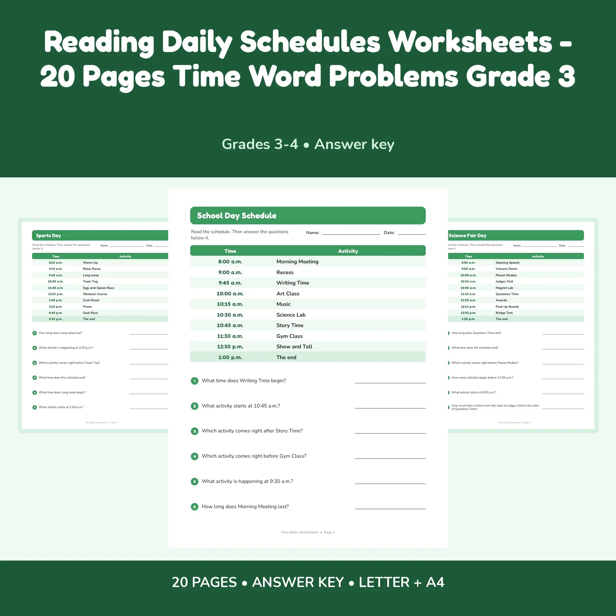 Reading Daily Schedules Worksheets - 20 Pages Time Word Problems Grade 3, preview 1 of 2
