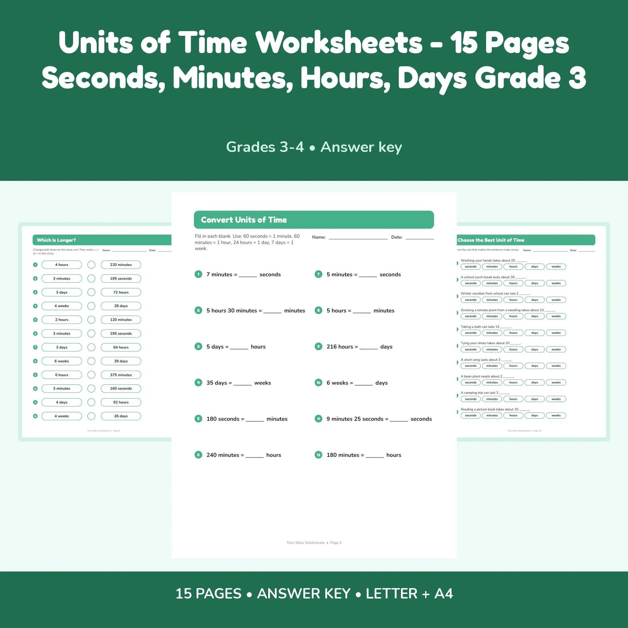 Units of Time Worksheets - 15 Pages Seconds, Minutes, Hours, Days Grade 3 preview