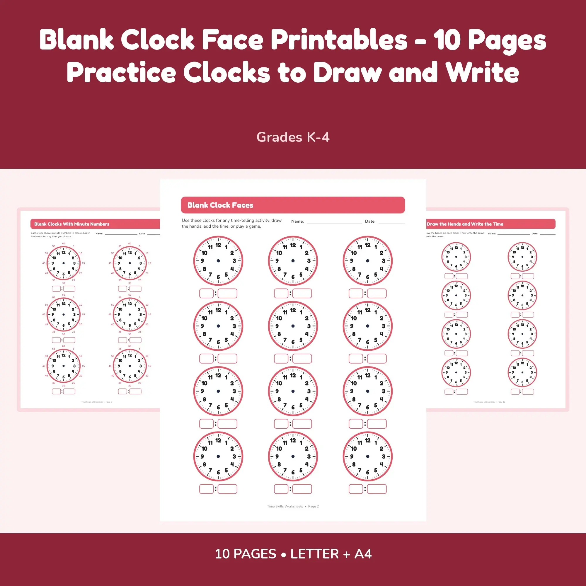 Blank Clock Face Printables - 10 Pages Practice Clocks to Draw and Write preview