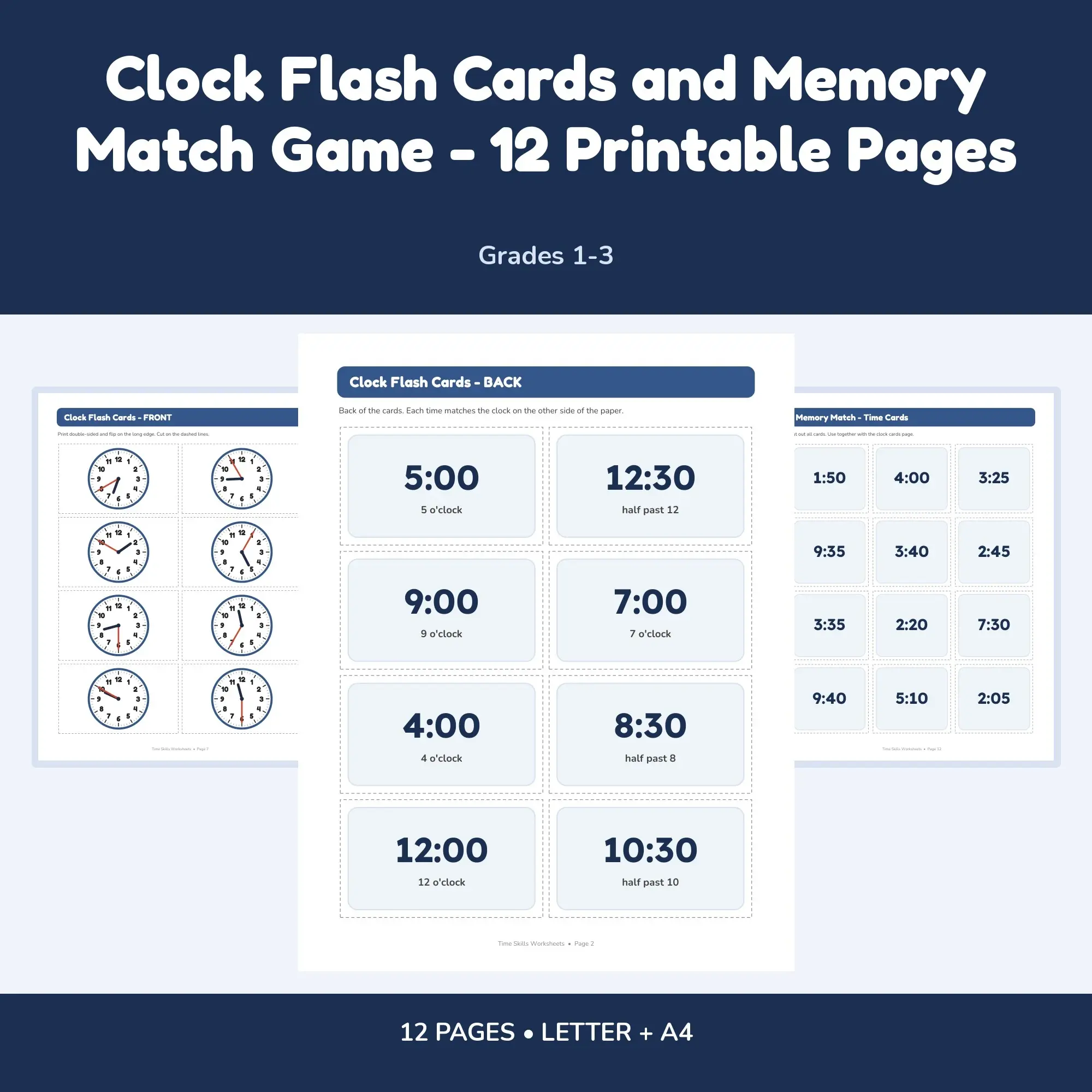 Clock Flash Cards and Memory Match Game - 12 Printable Pages preview