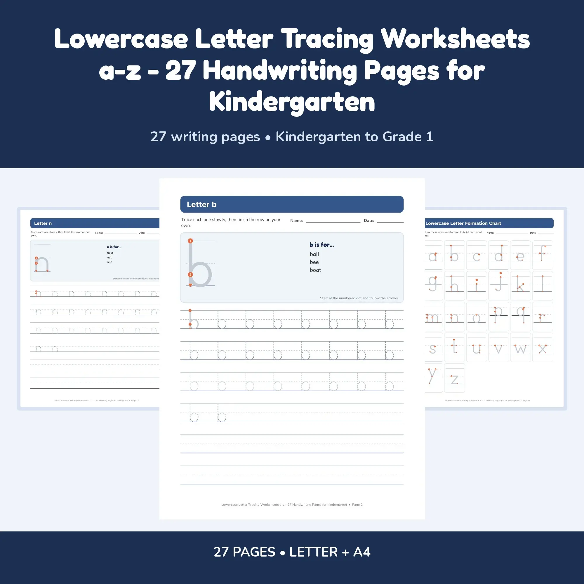 Lowercase Letter Tracing Worksheets a-z - 27 Handwriting Pages for Kindergarten preview