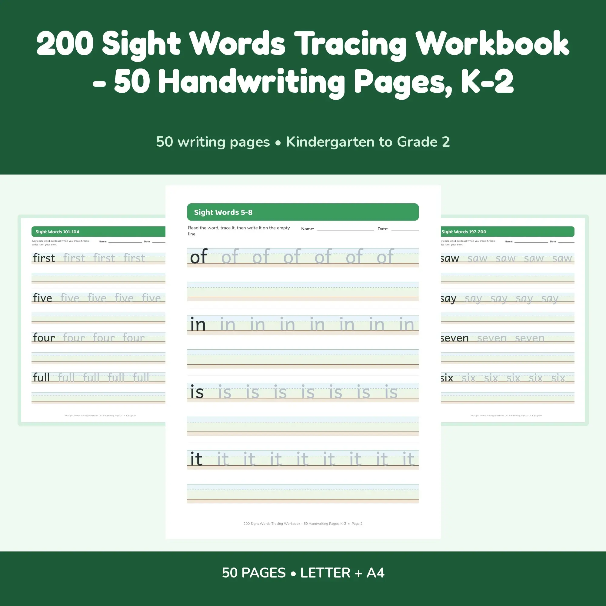200 Sight Words Tracing Workbook - 50 Handwriting Pages, K-2, preview 1 of 2