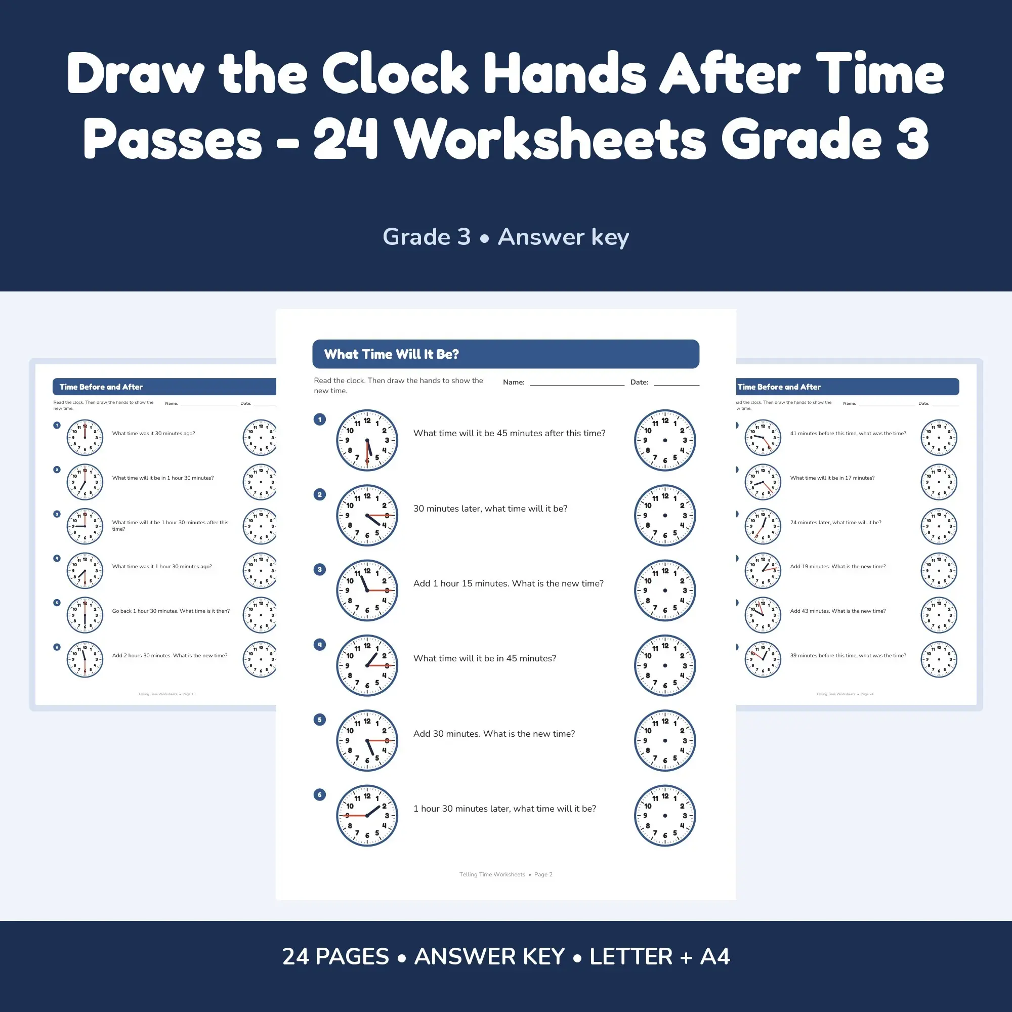 Draw the Clock Hands After Time Passes - 24 Worksheets Grade 3 preview