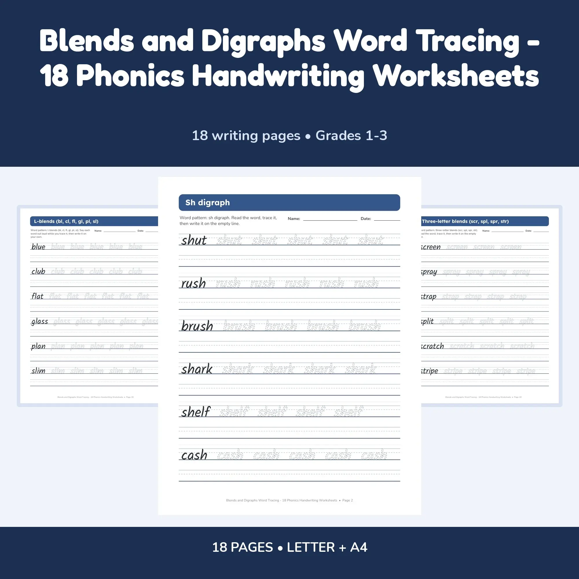 Blends and Digraphs Word Tracing - 18 Phonics Handwriting Worksheets preview