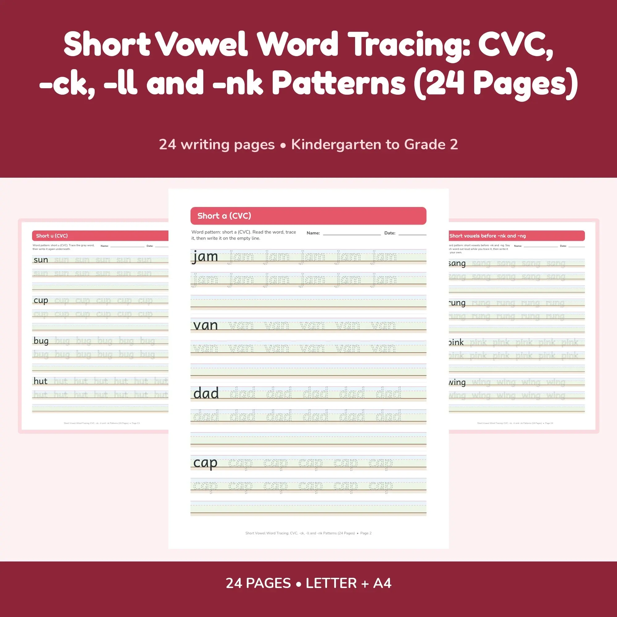 Short Vowel Word Tracing: CVC, -ck, -ll and -nk Patterns (24 Pages) preview