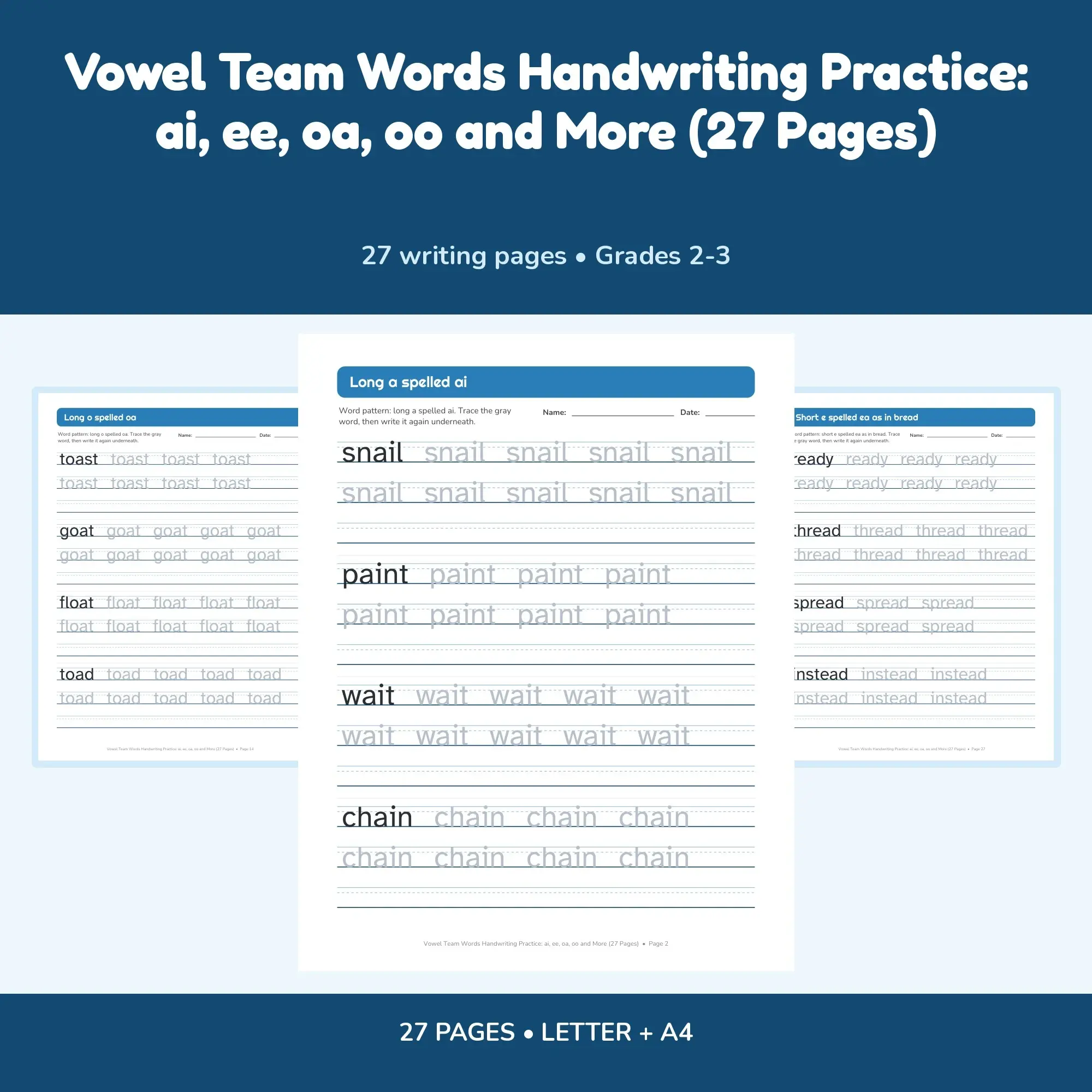 Vowel Team Words Handwriting Practice: ai, ee, oa, oo and More (27 Pages) preview