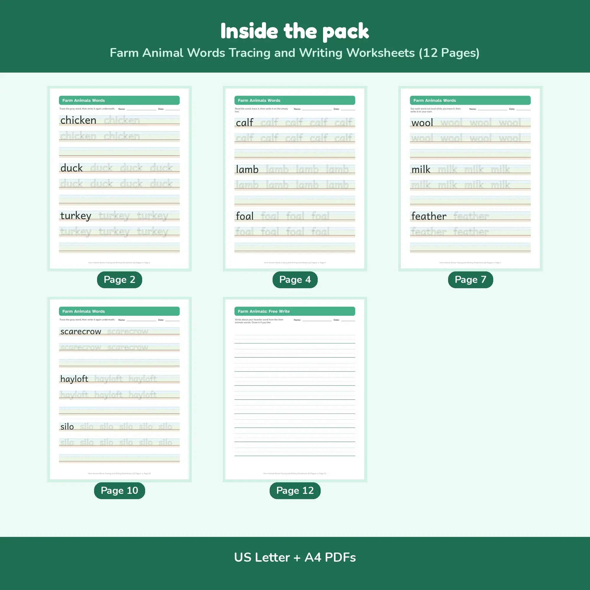 Farm Animal Words Tracing and Writing Worksheets (12 Pages), preview 2 of 2