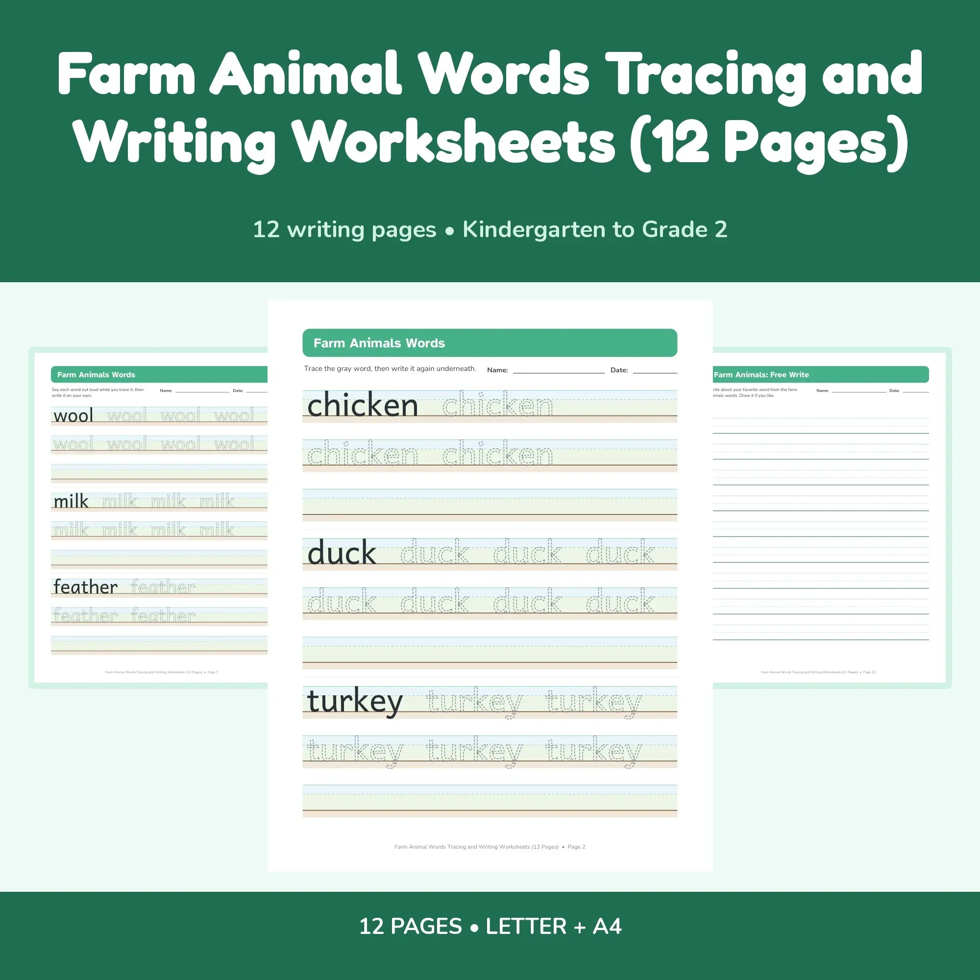 Farm Animal Words Tracing and Writing Worksheets (12 Pages), preview 1 of 2