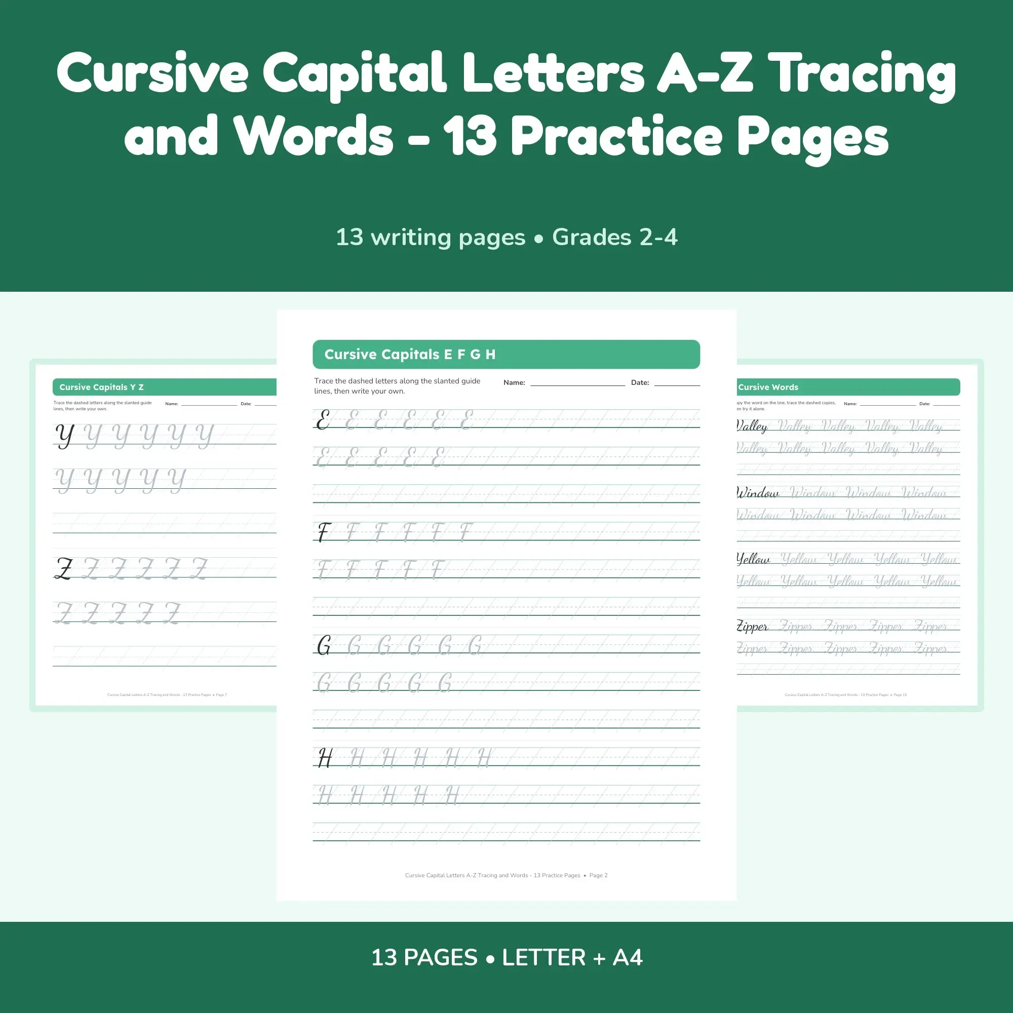 Cursive Capital Letters A-Z Tracing and Words - 13 Practice Pages, preview 1 of 2