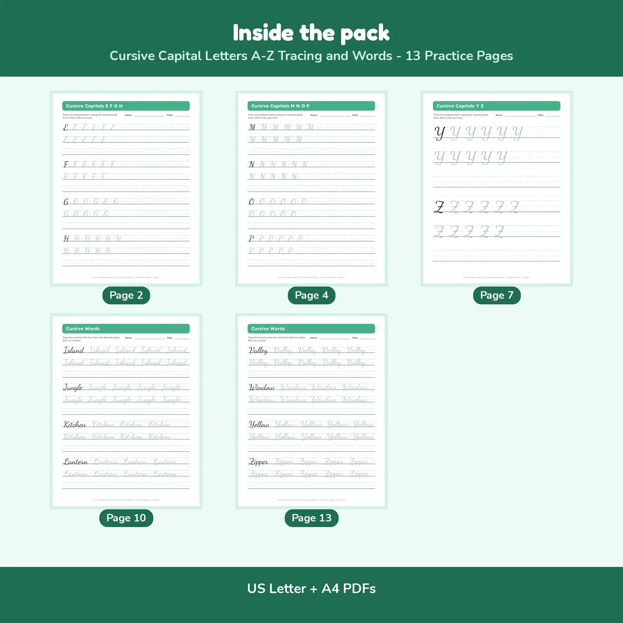 Cursive Capital Letters A-Z Tracing and Words - 13 Practice Pages, preview 2 of 2