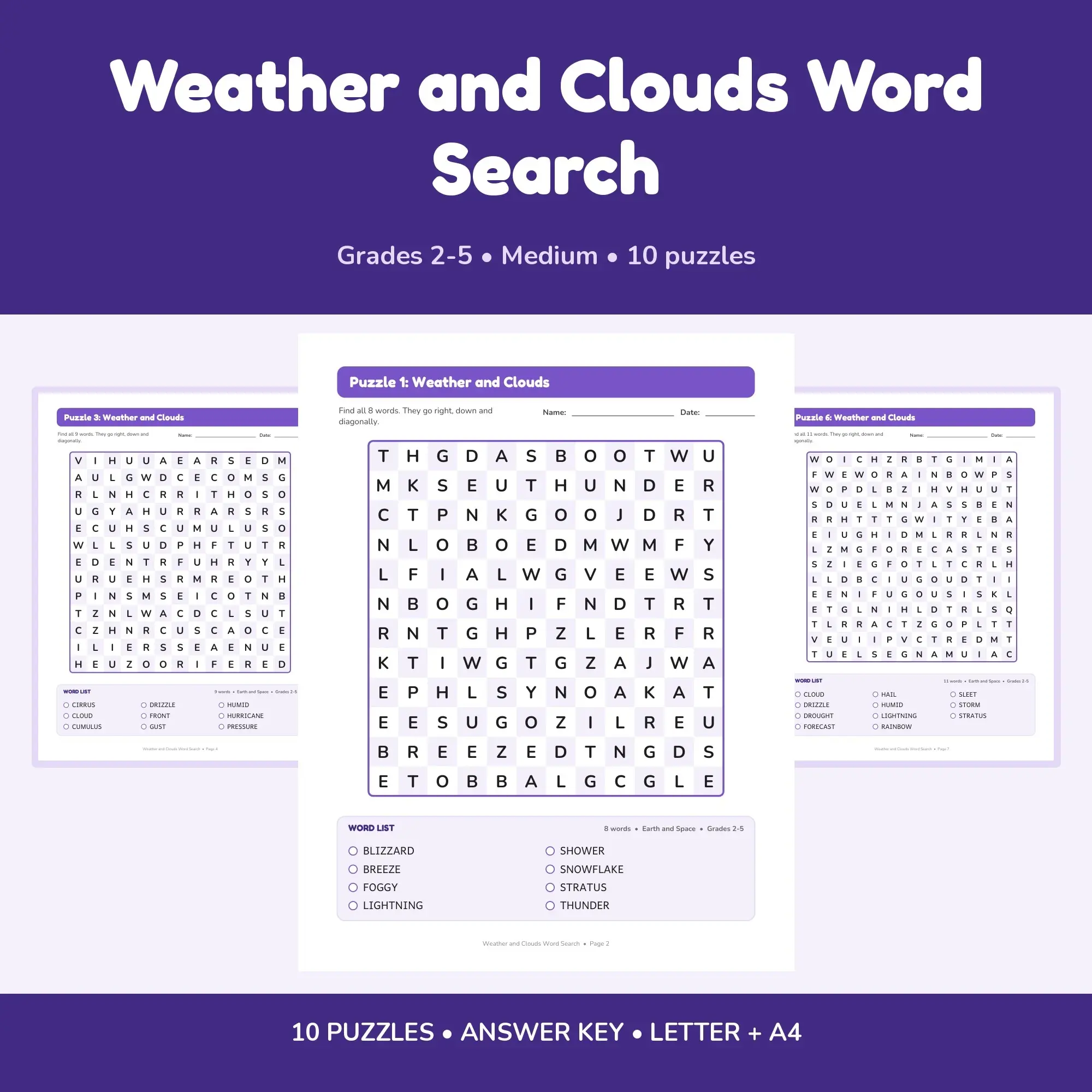 10 Weather and Clouds Word Search Puzzles for Kids, Grades 2-5 (Printable PDF) preview