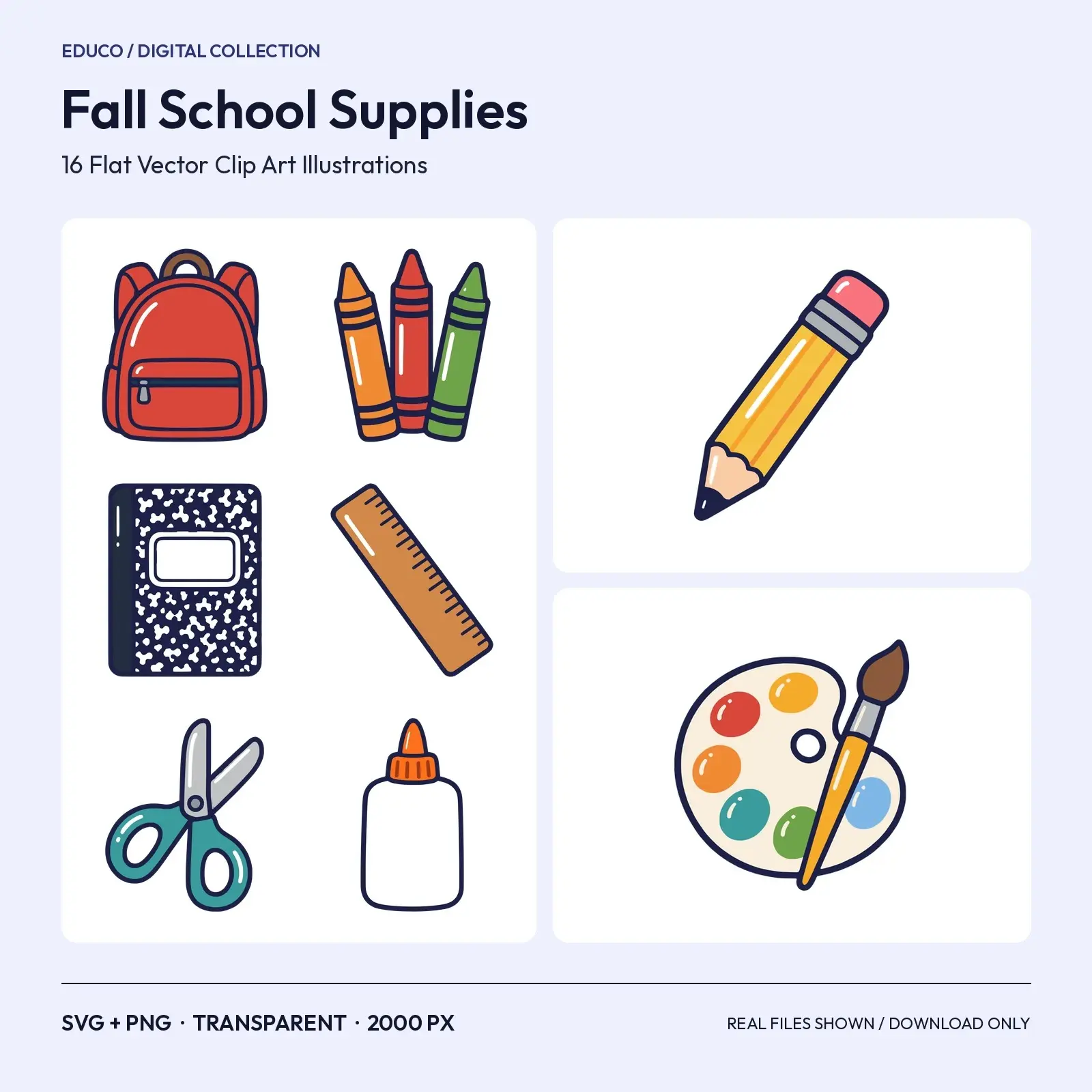 Fall School Supplies Clip Art – 16 Flat Vector Back-to-School Items preview