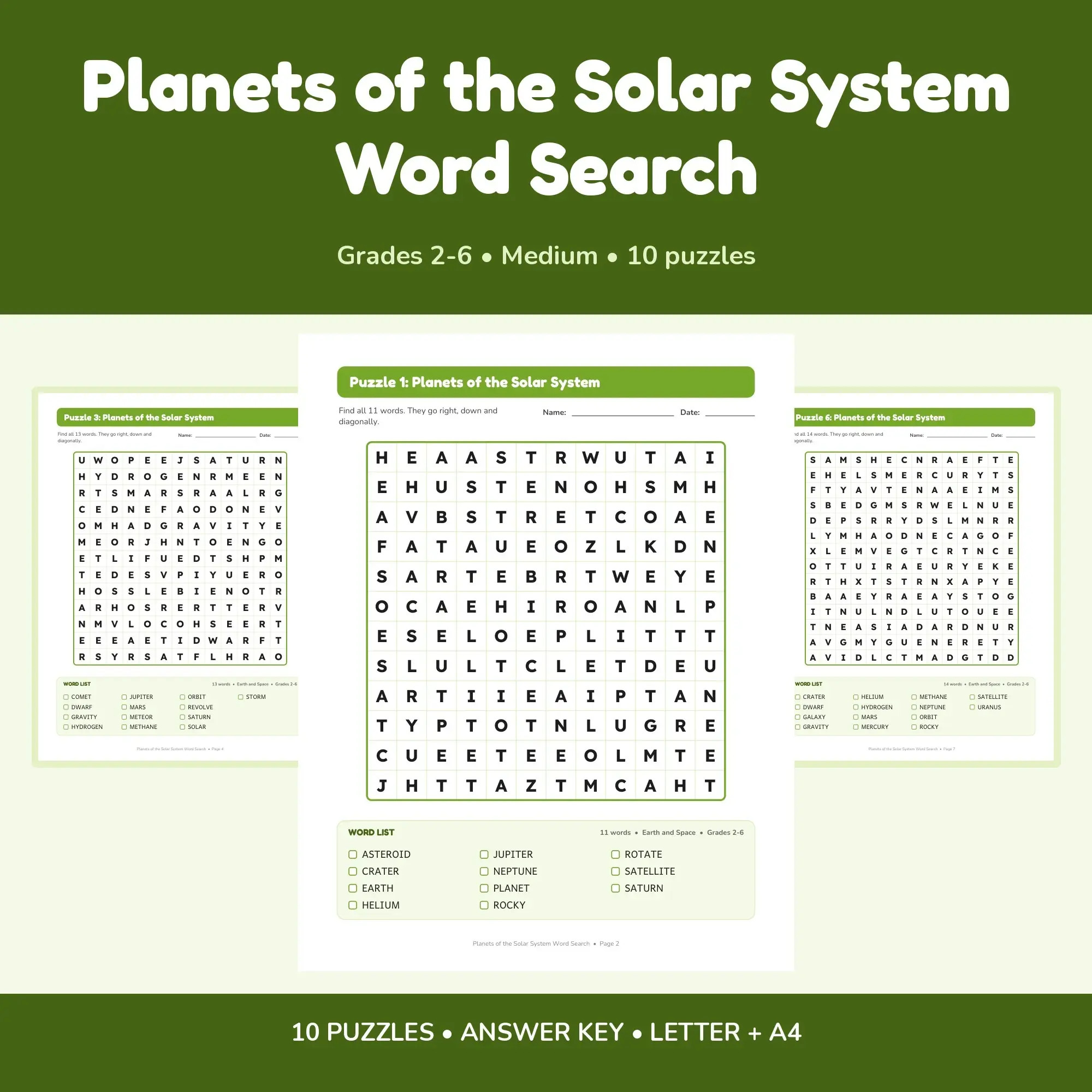 Printable Planets of the Solar System Word Search Pack - 10 Puzzles, Grades 2-6, Answer Key preview
