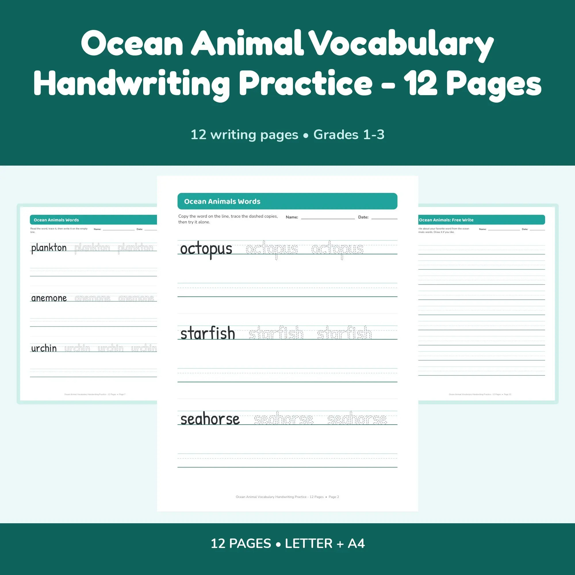 Ocean Animal Vocabulary Handwriting Practice - 12 Pages preview