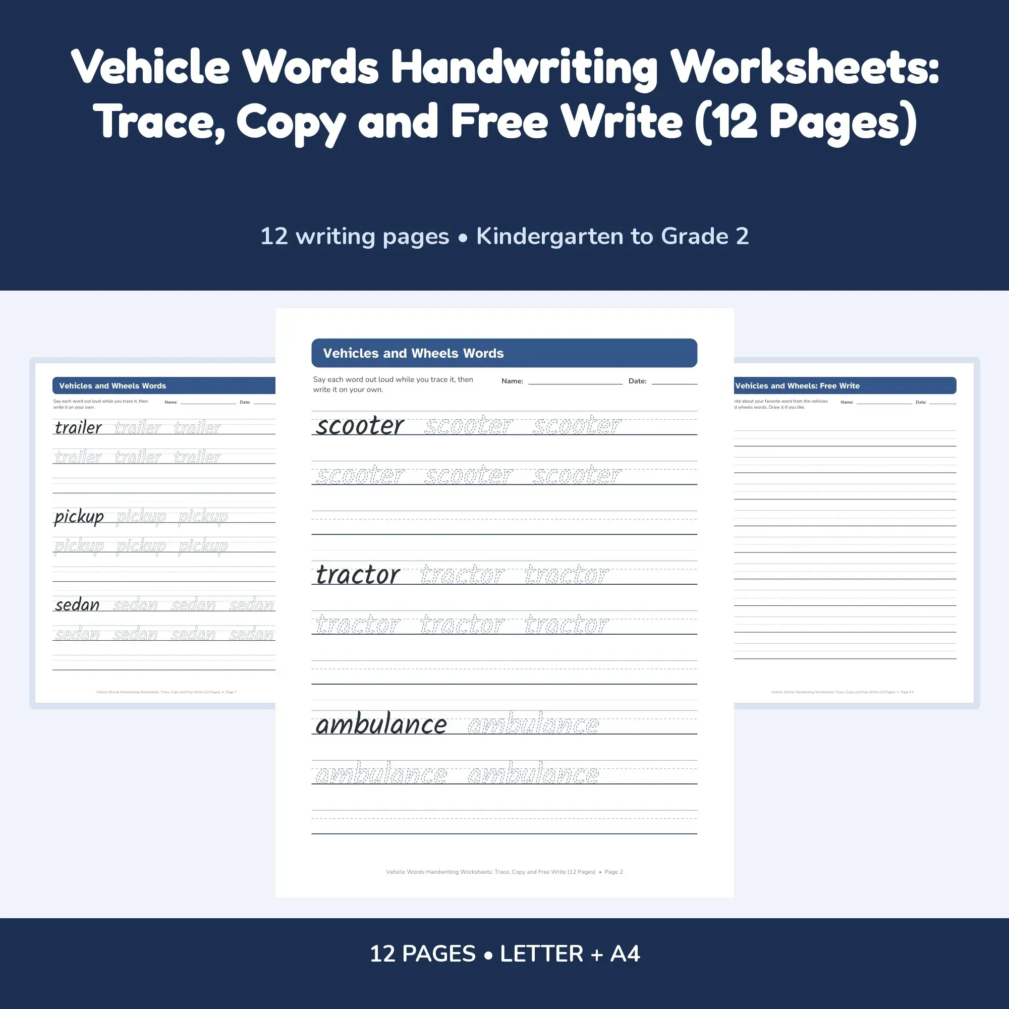 Vehicle Words Handwriting Worksheets: Trace, Copy and Free Write (12 Pages) preview