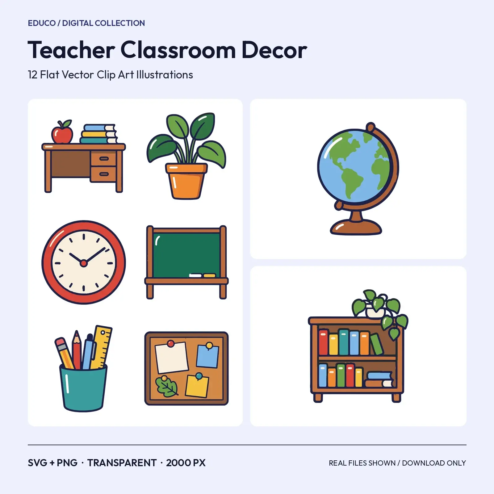 Teacher Classroom Decor Clip Art – 12 Flat Vector Classroom Elements preview