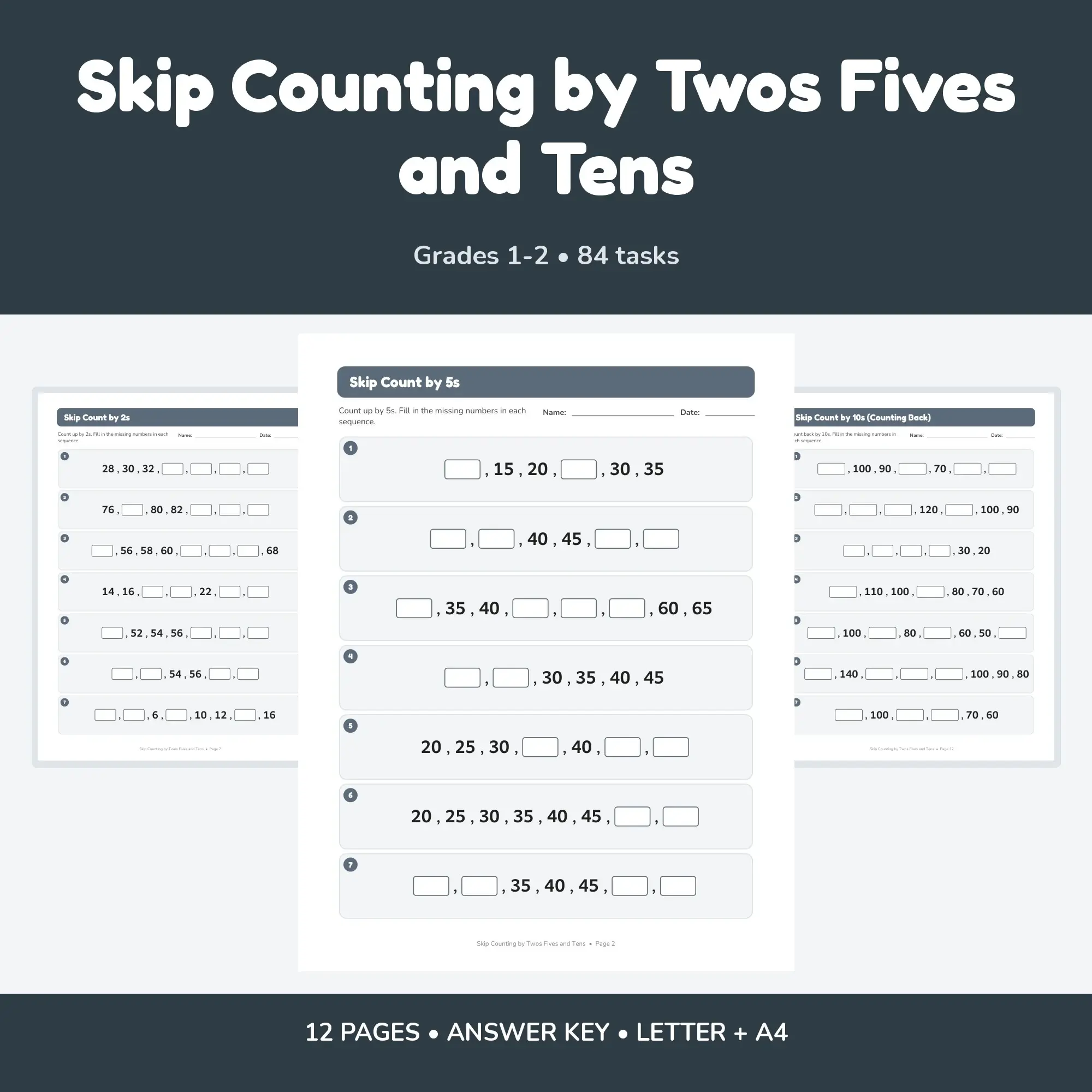 Skip Counting by Twos Fives and Tens - 12 Worksheets + Key preview