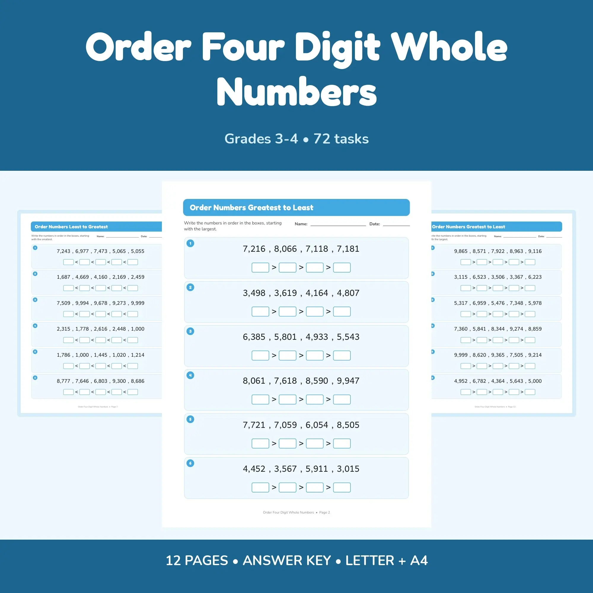 Order Four Digit Whole Numbers - 12 Worksheets + Key preview