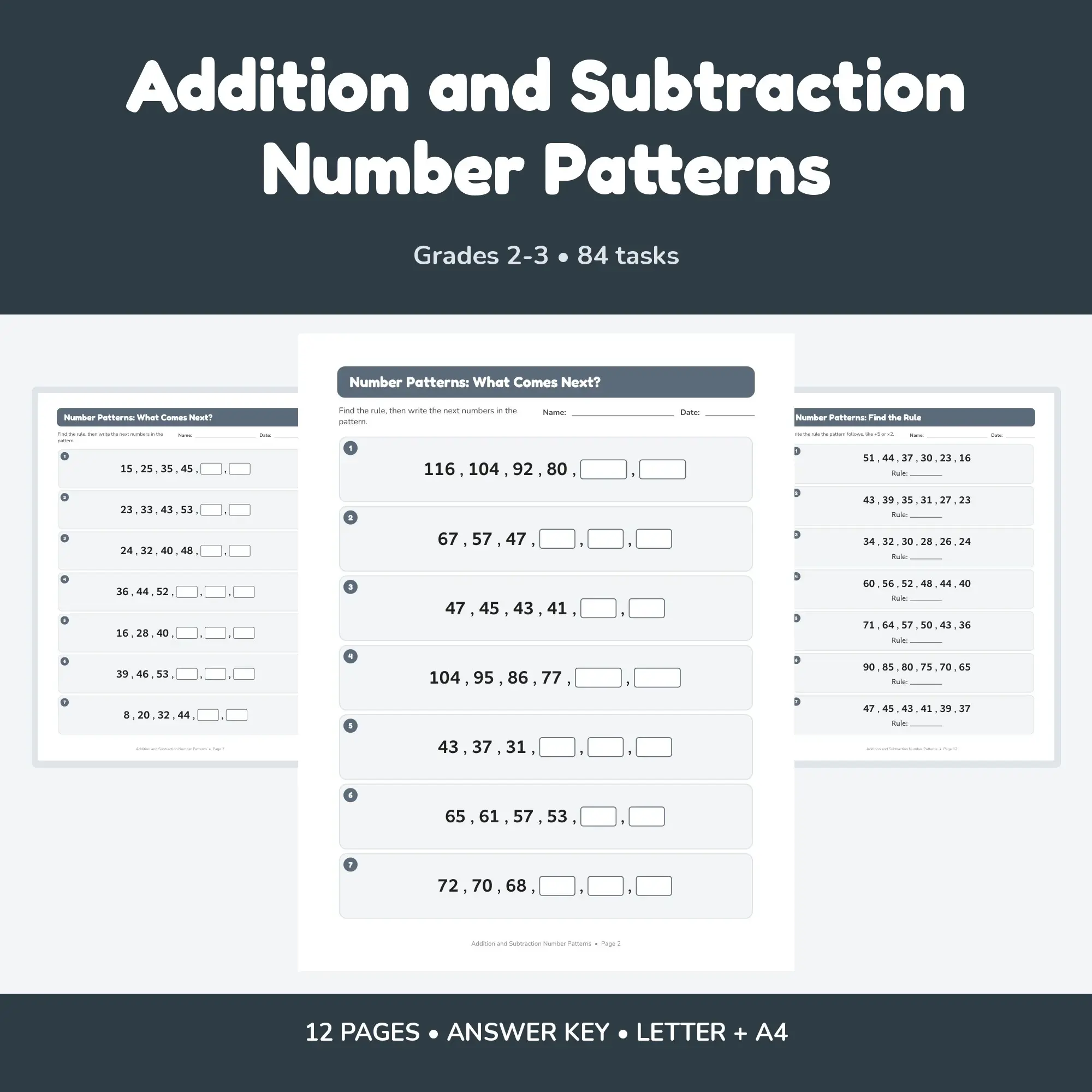 Addition and Subtraction Number Patterns - 12 Worksheets + Key preview
