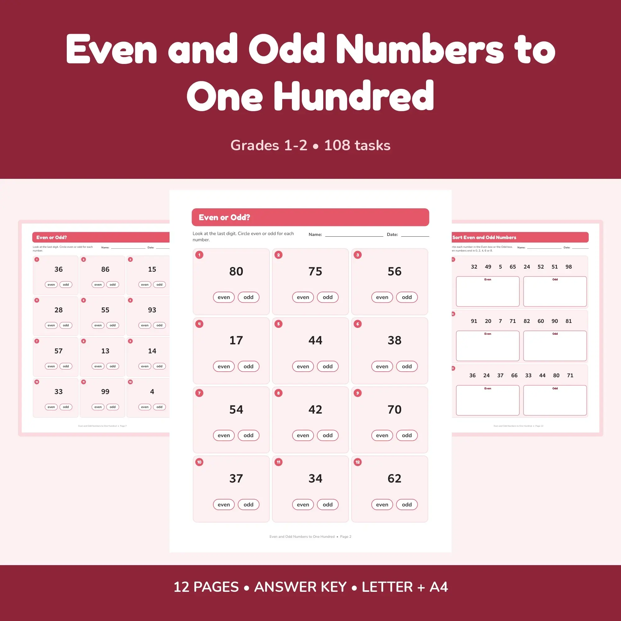 Even and Odd Numbers to One Hundred - 12 Worksheets + Key preview