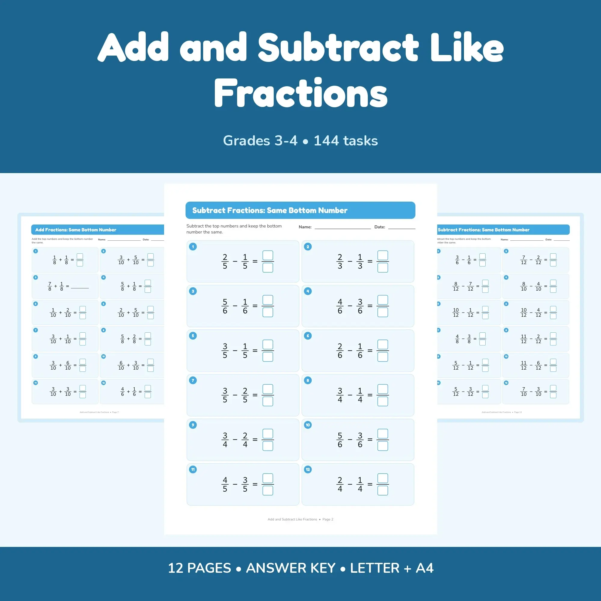 Add and Subtract Like Fractions - 12 Worksheets + Key preview