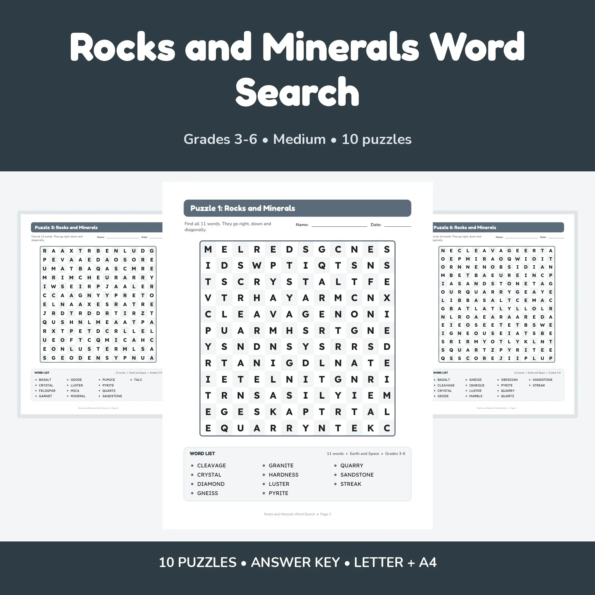 10 Rocks and Minerals Word Search Puzzles for Kids, Grades 3-6 (Printable PDF) preview